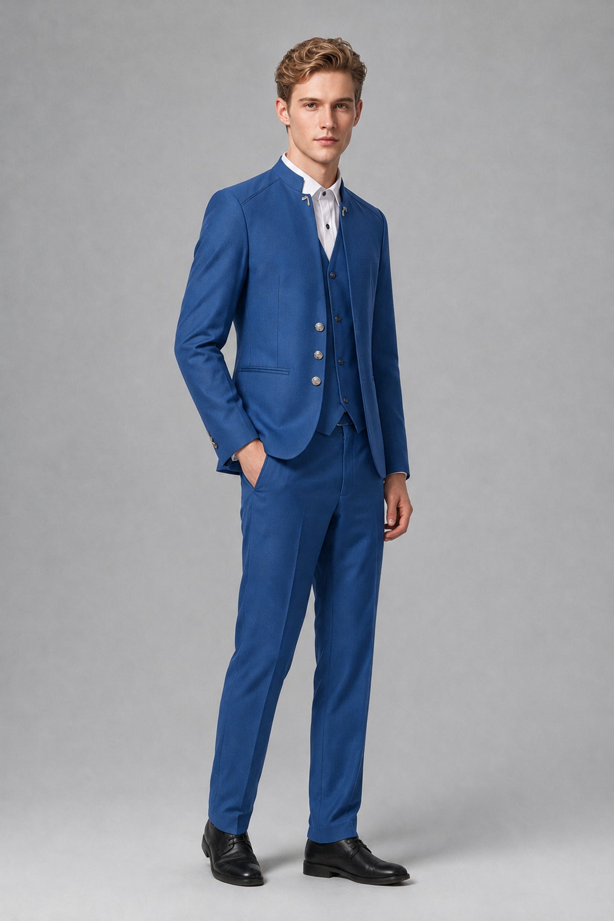 Bolodoo Men's Blue Mandarin Collar 3-Piece Suit – Jacket, Vest & Trousers - Blue - Blue_4