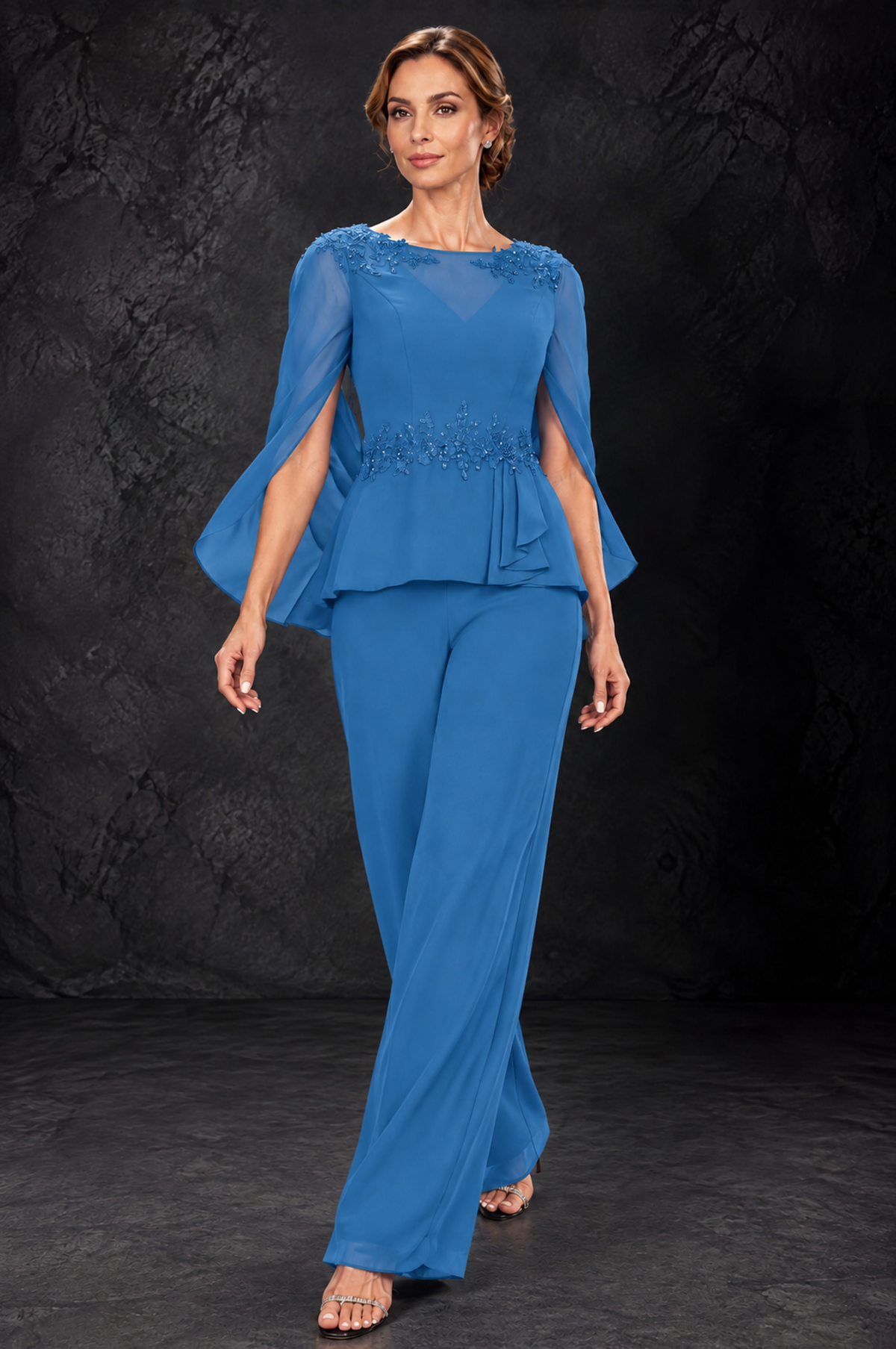 BOLODOO Blue Embellished Cape Sleeve Mother of the Bride Pantsuit - Blue - Blue_4