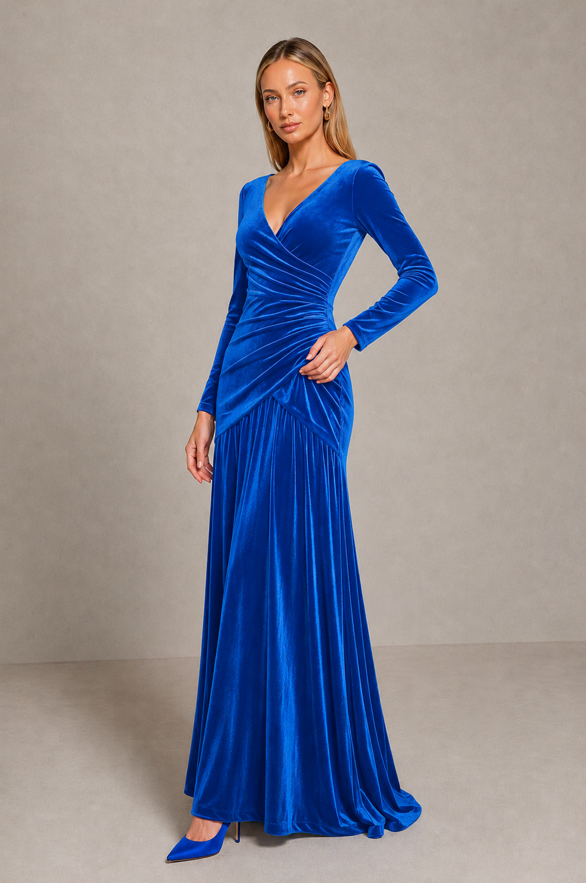 BOLODOO Blue Velvet Long Sleeve V-Neck Ruched Evening Dress - Blue - Blue_4
