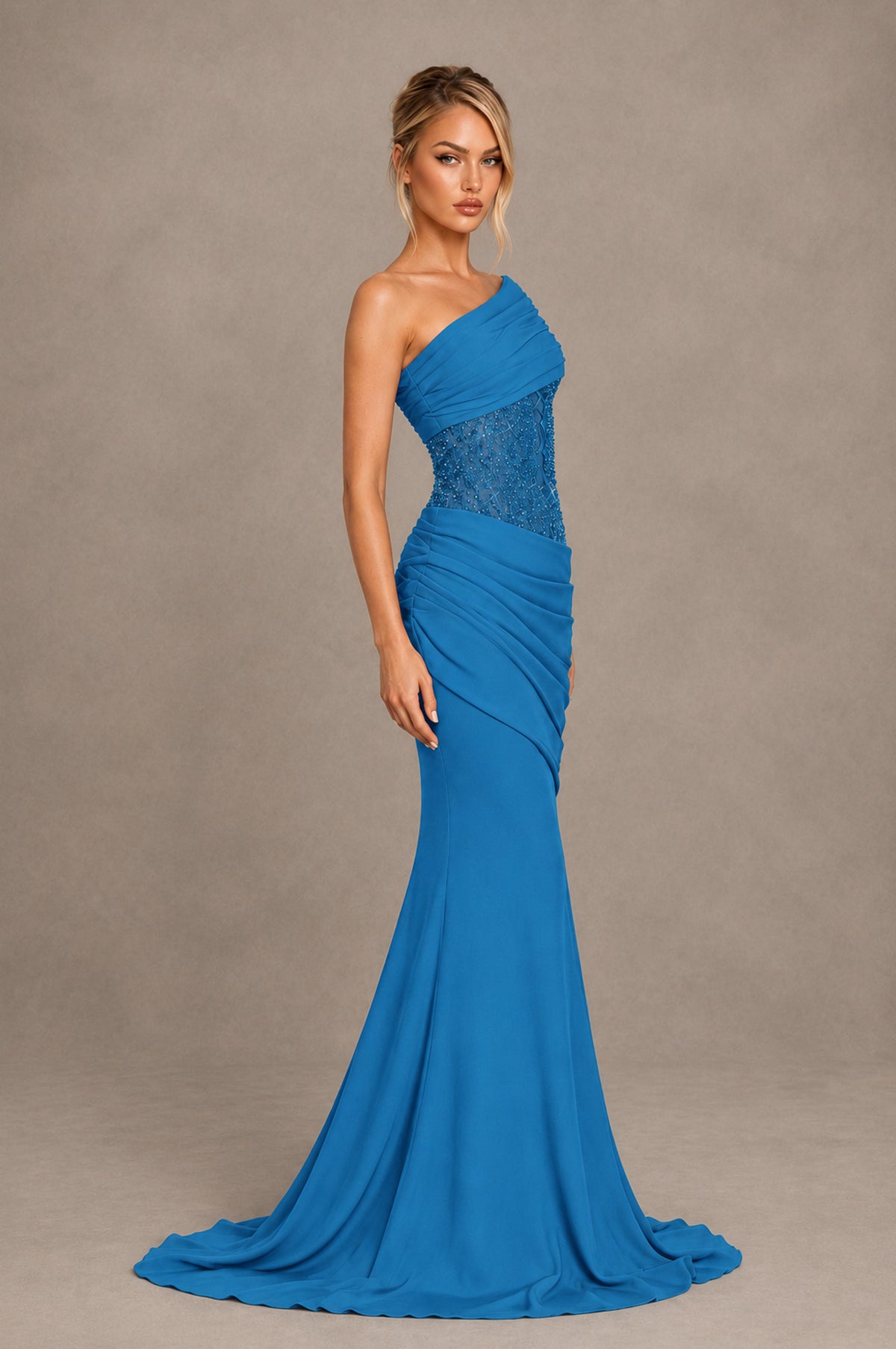 BOLODOO Blue One-Shoulder Sequin Embroidered Ruched Mermaid Gown with Train - Blue - Blue_4