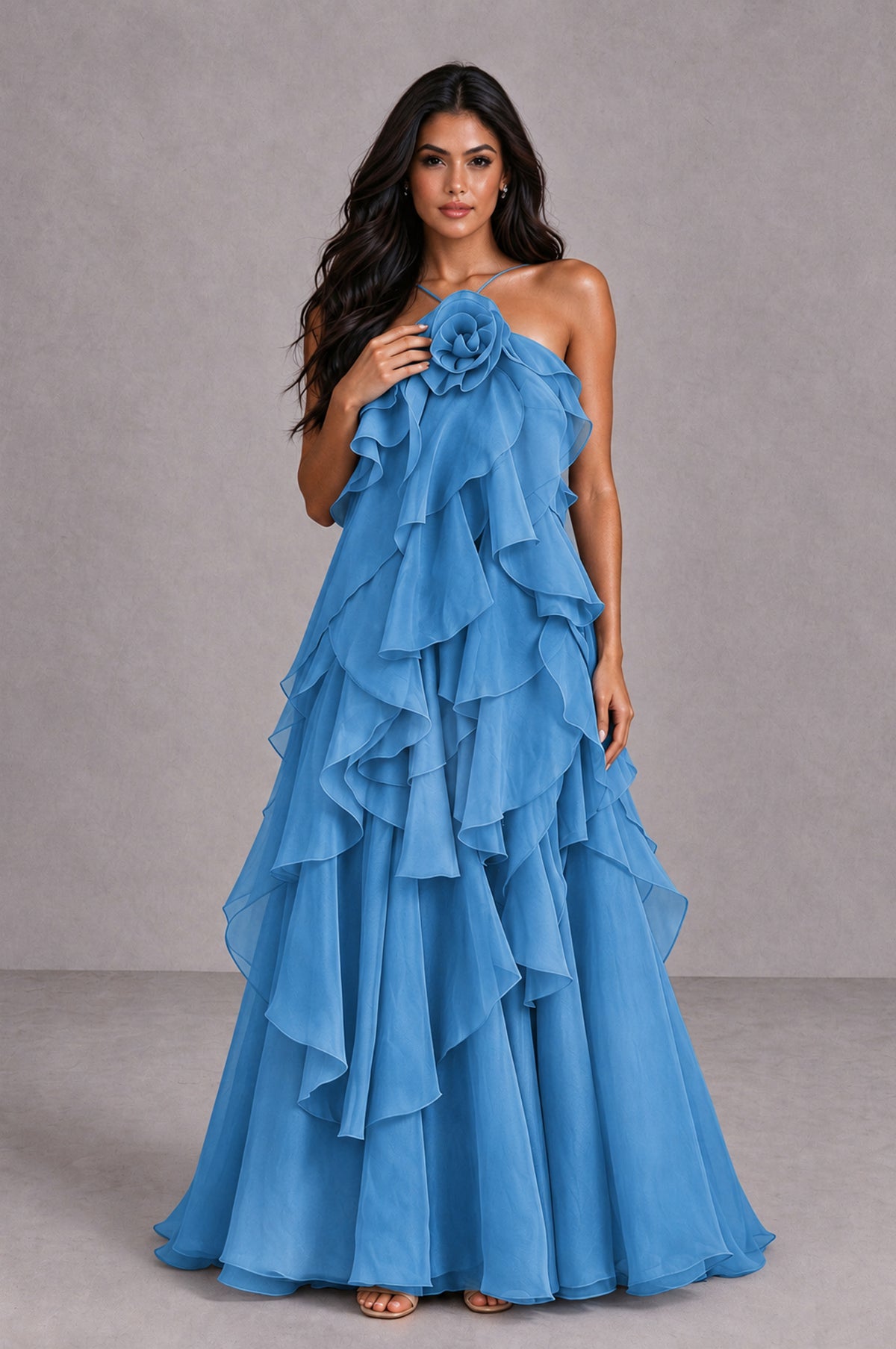 BOLODOO Blue Cascading Ruffle Rosette Open-Back Maxi Dress - Blue - Blue_4
