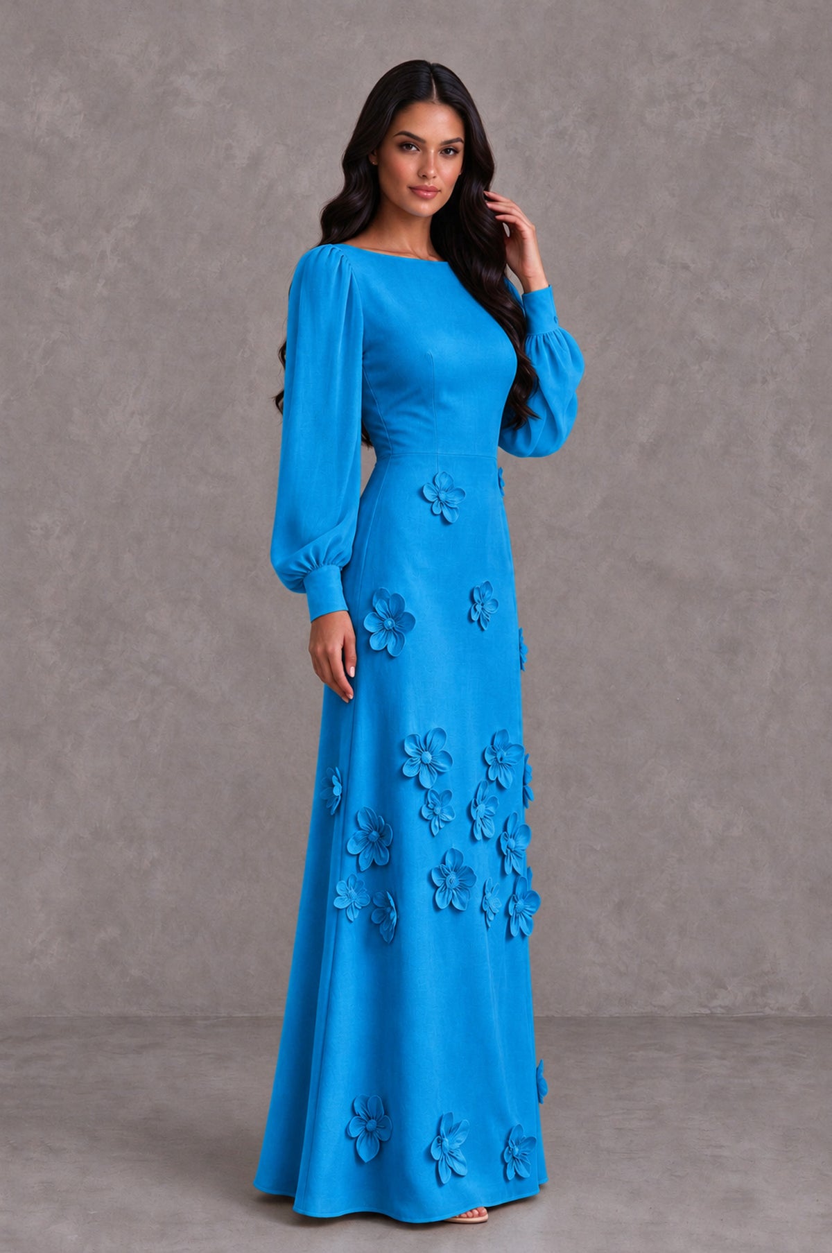 BOLODOO Blue Long Sleeve Floral Applique A-Line Evening Dress - Blue - Blue_4