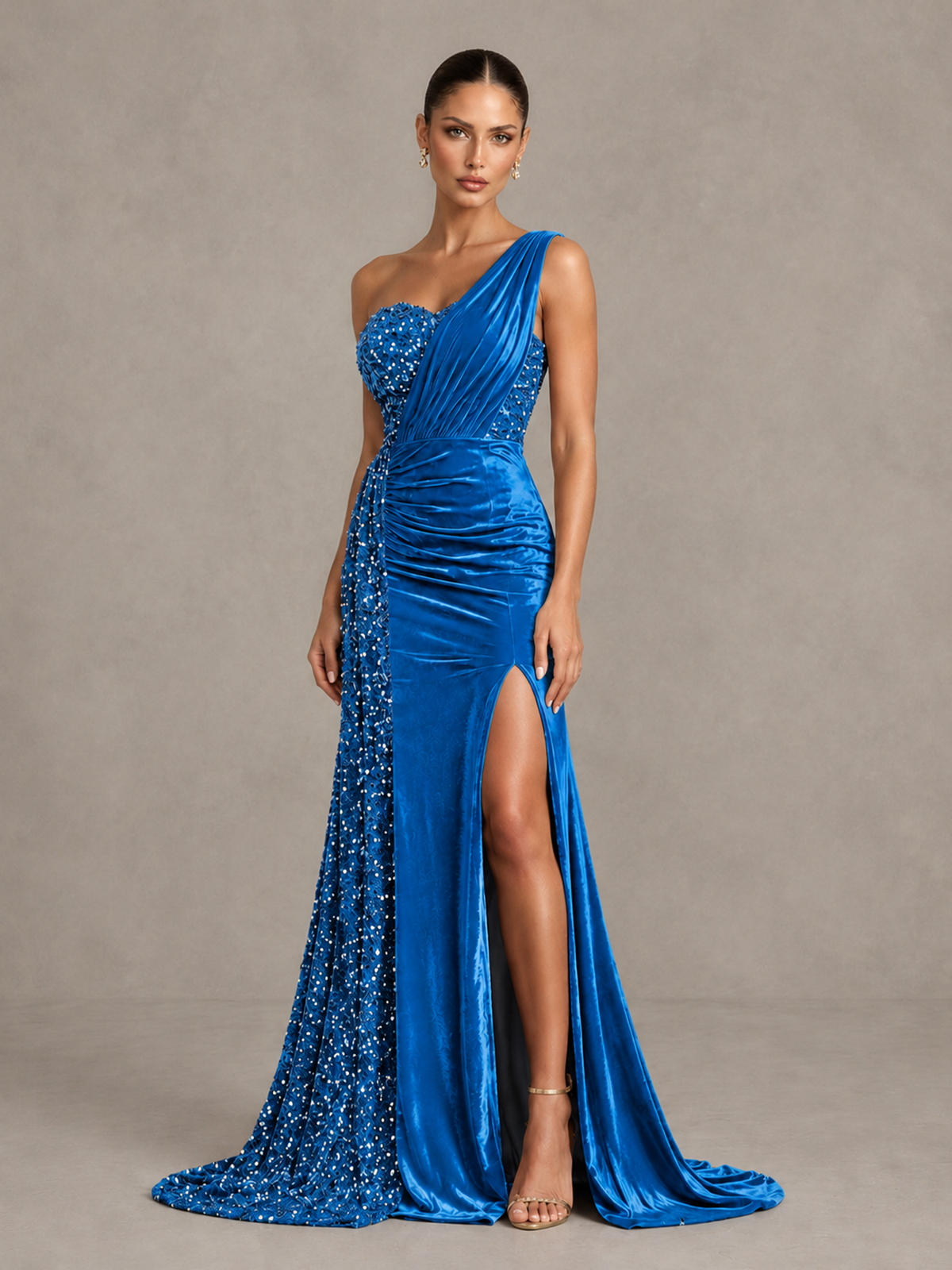 BOLODOO Blue One-Shoulder Satin Sequin Gown with High Slit - Blue - Blue_4