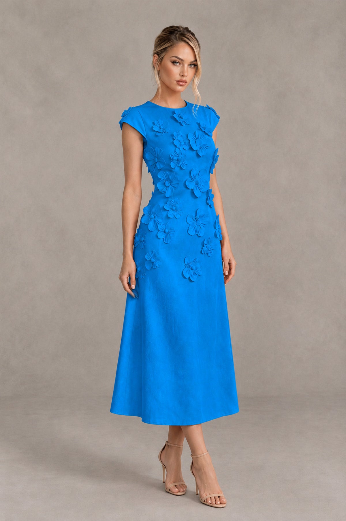 BOLODOO Blue 3D Floral Cap Sleeve Midi Cocktail Dress - Blue - Blue_4