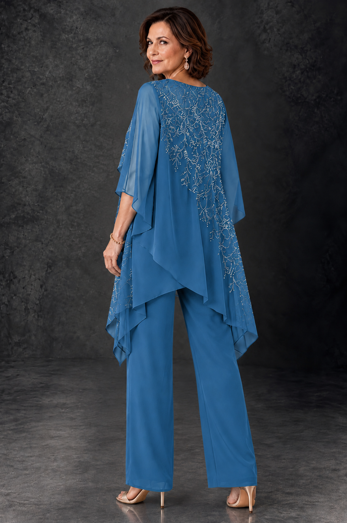 BOLODOO Blue Embellished Cape Pant Suit for Mother of the Bride - Blue - Blue_4