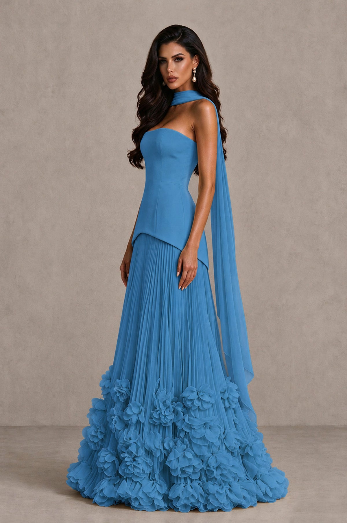 BOLODOO Blue Strapless Pleated Floral Hem Evening Gown - Blue - Blue_4