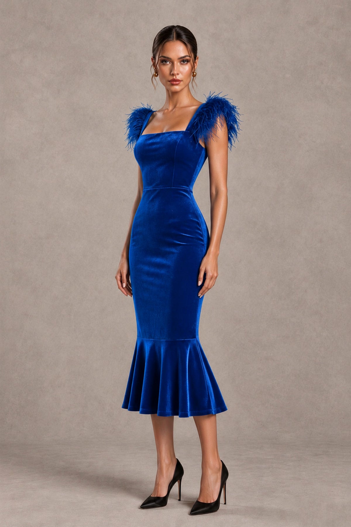 BOLODOO Blue Feather-Trim Velvet-Look Mermaid Midi Dress - Blue - Blue_4
