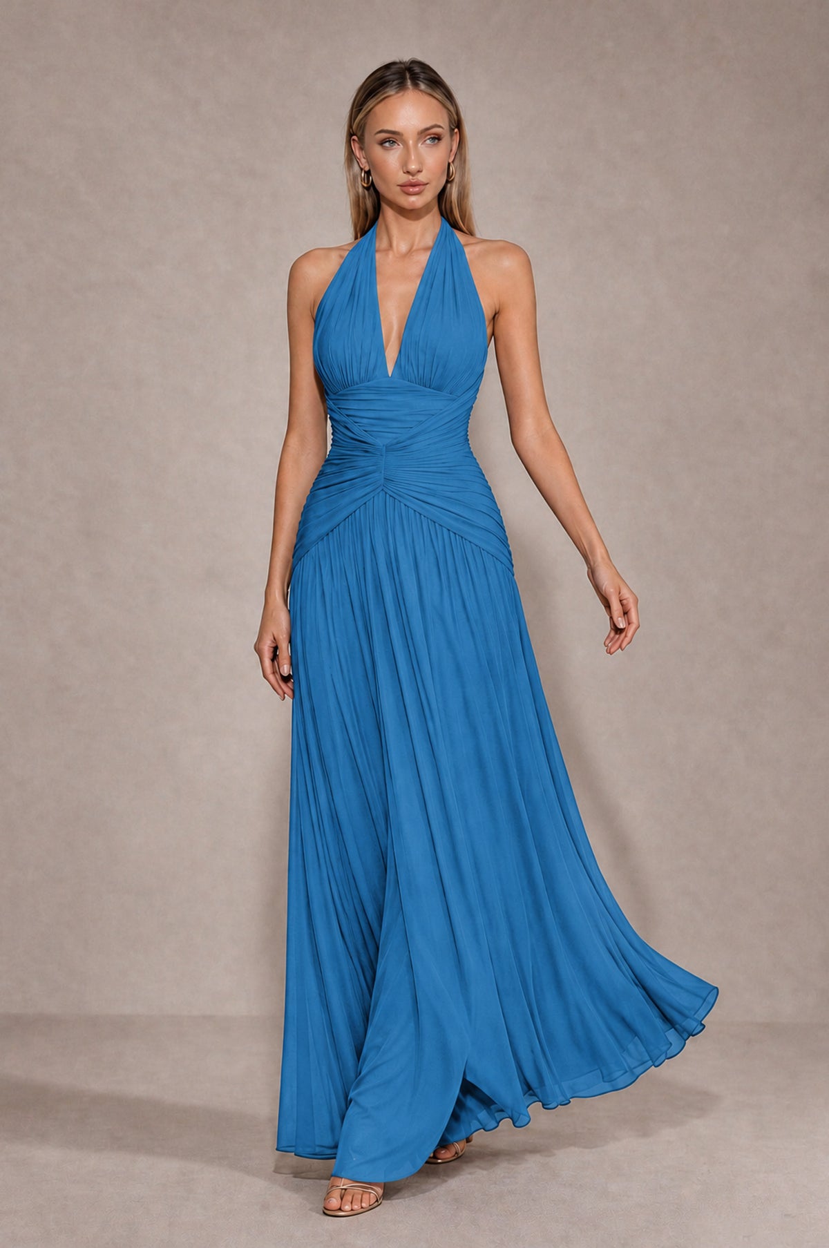 BOLODOO Blue Chiffon Halter Deep V-Neck Ruched A-Line Backless Maxi Dress with Train-BD0167 - Blue - Blue_4