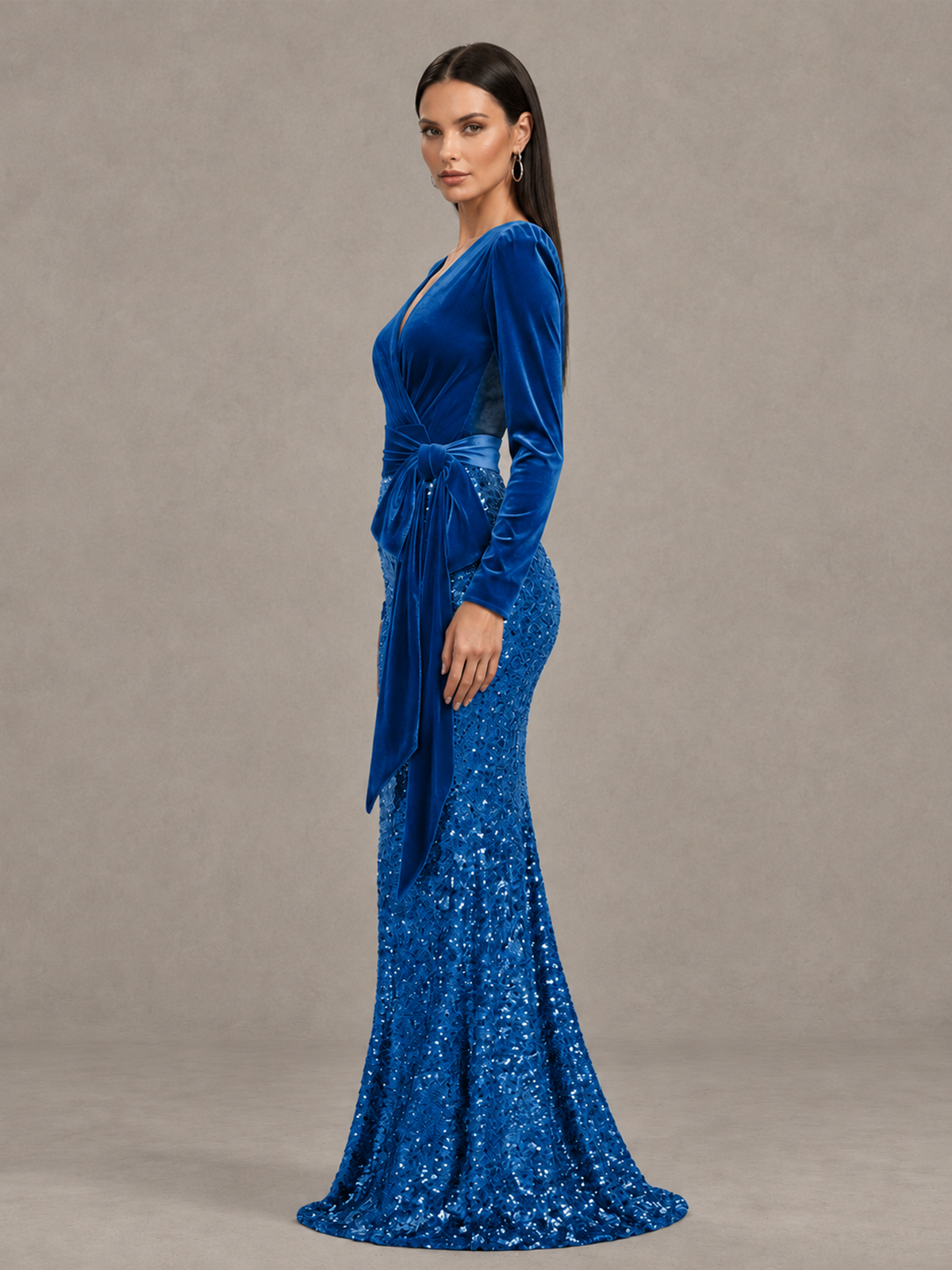 BOLODOO Blue Velvet & Sequin Long Sleeve V-Neck Mermaid Evening Gown - Blue - Blue_4