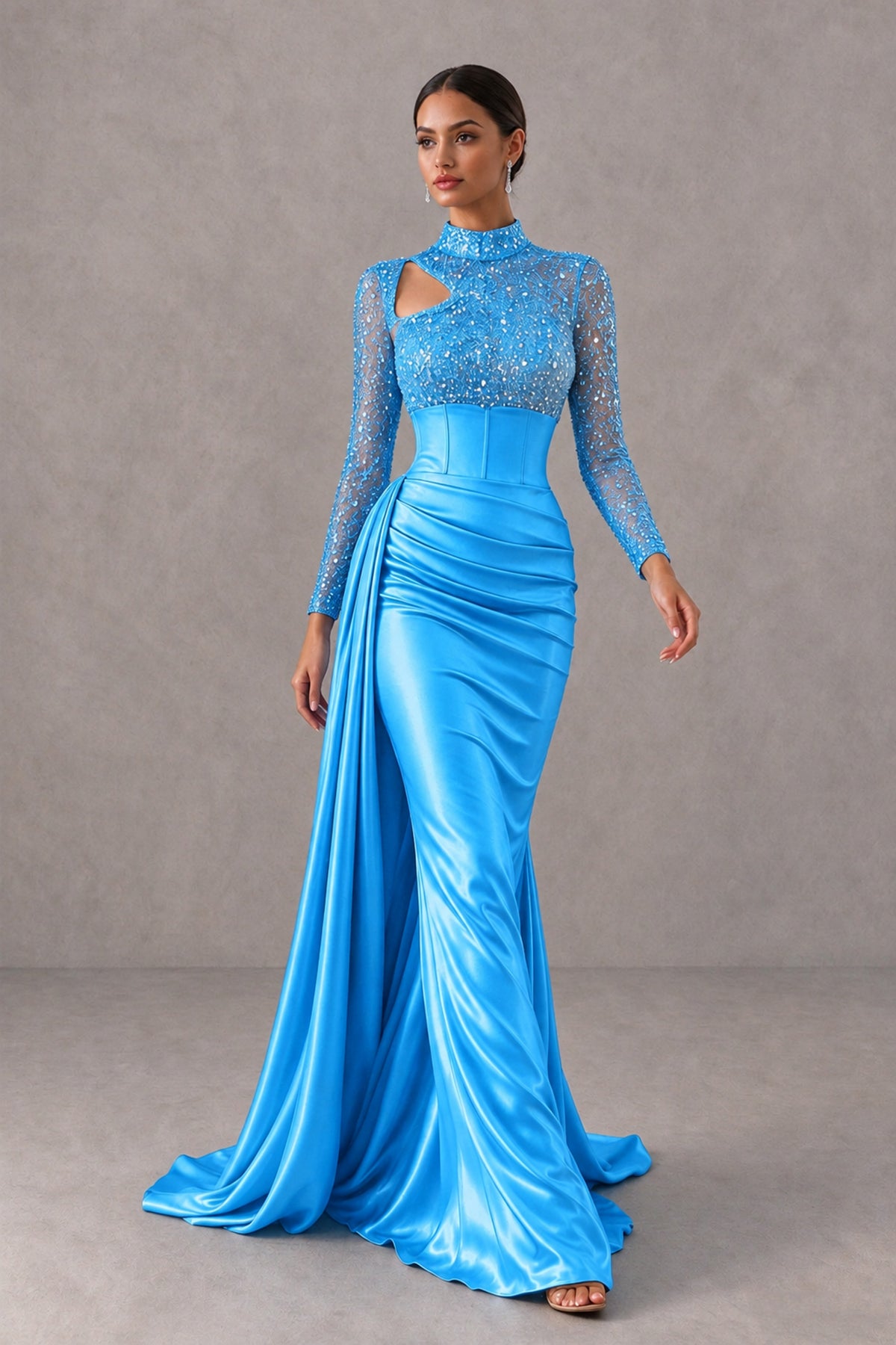 BOLODOO Blue Long Sleeve Embellished Satin Mermaid Evening Gown - Blue - Blue_4