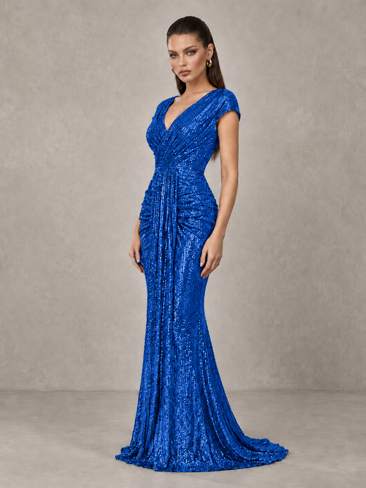 BOLODOO Blue Glitter V-Neck Cap Sleeve Ruched Mermaid Evening Gown - Blue - Blue_4