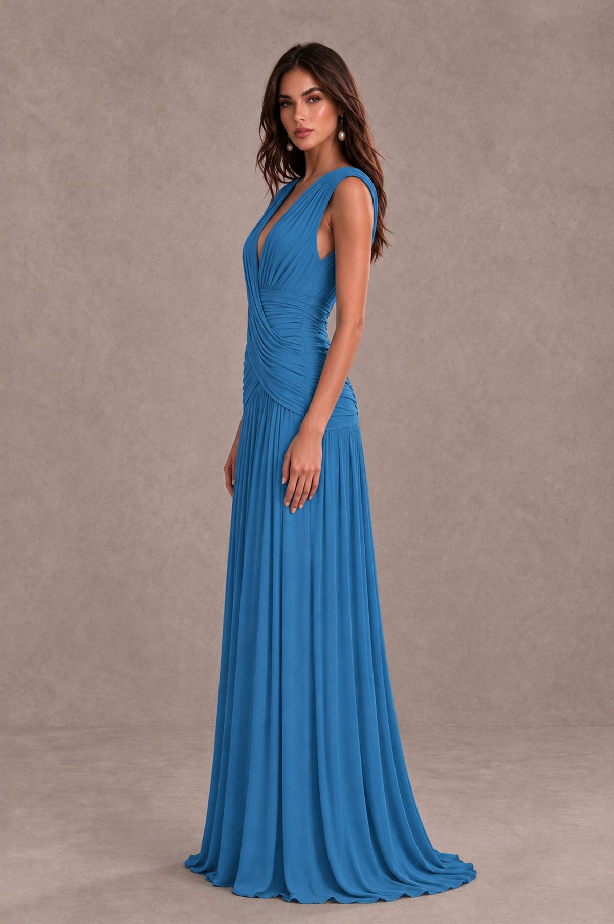 BOLODOO Blue V-Neck Ruched Wedding Guest Dress - Blue - Blue_4