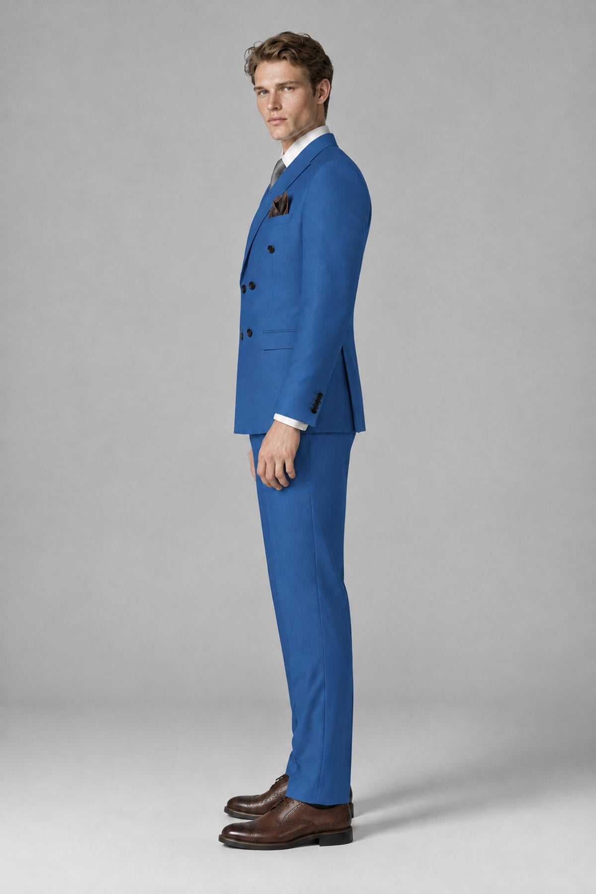 Bolodoo Men's Blue Double-Breasted Two-Piece Suit with Peak Lapels - Blue - Blue_4