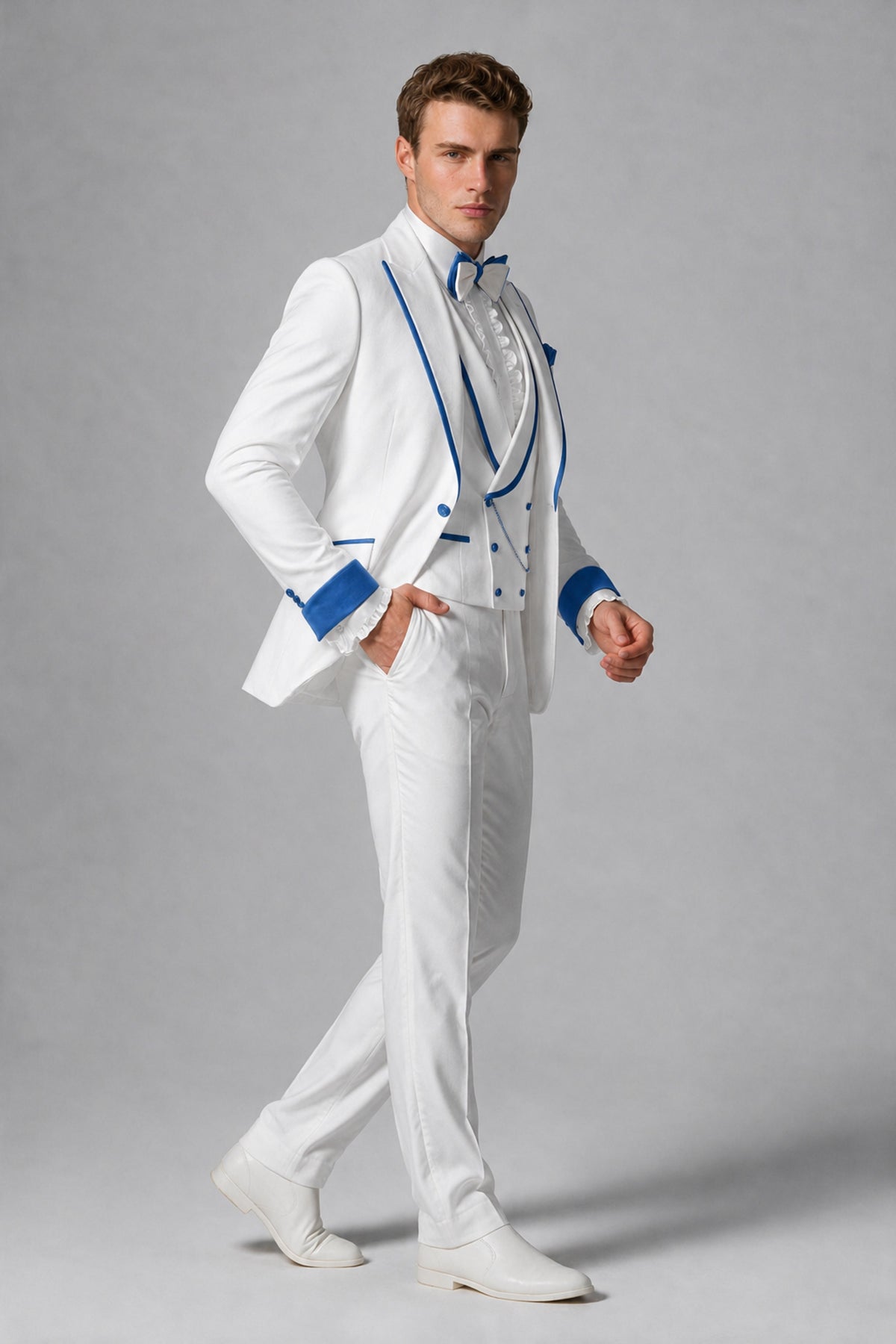 Bolodoo Men's White and Blue Three-Piece Wedding Tuxedo Suit - Blue - Blue_4