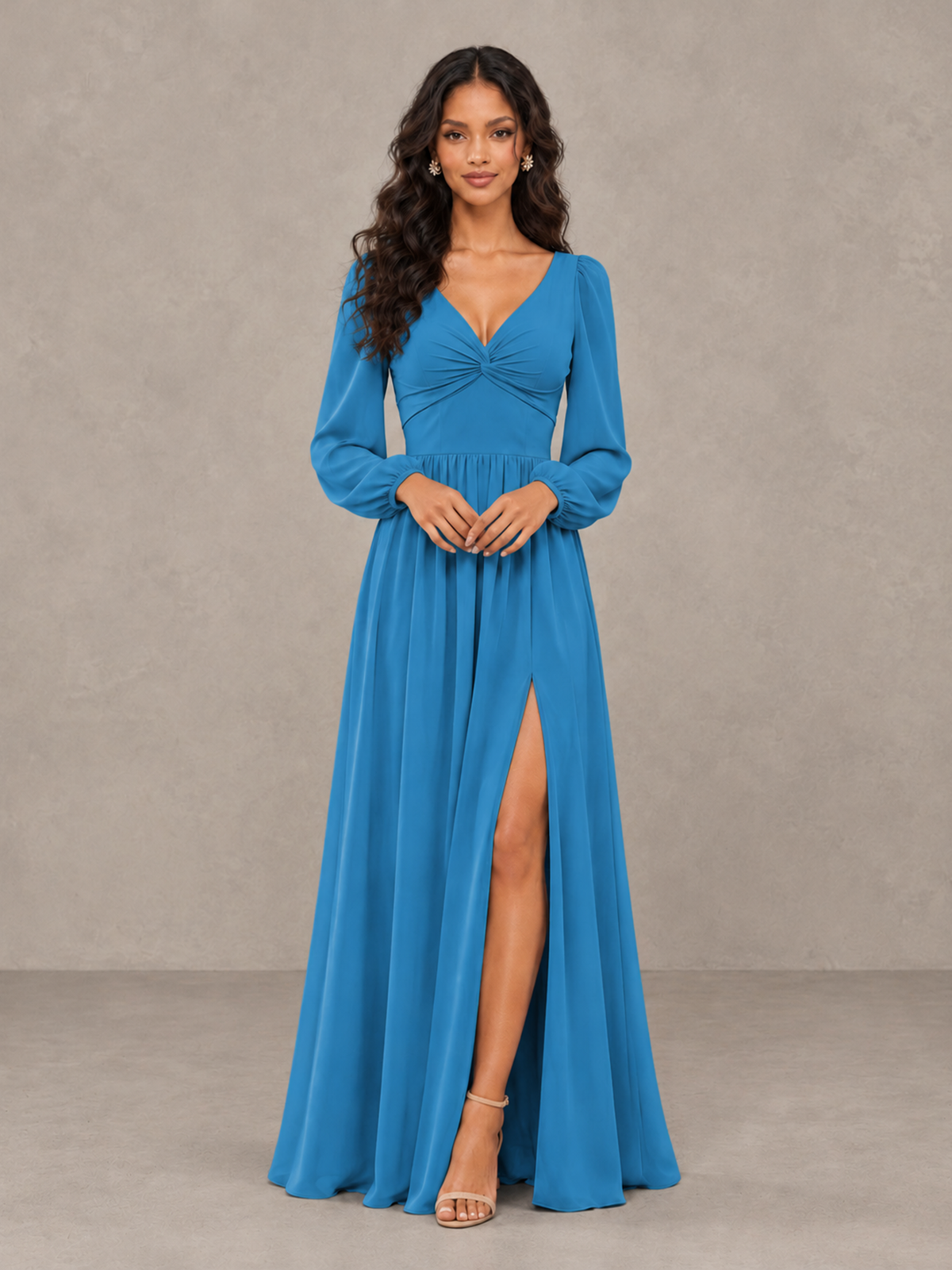 BOLODOO Blue V-Neck Long Sleeve Bridesmaid Dress with Tie Back and Slit - Blue - Blue_4
