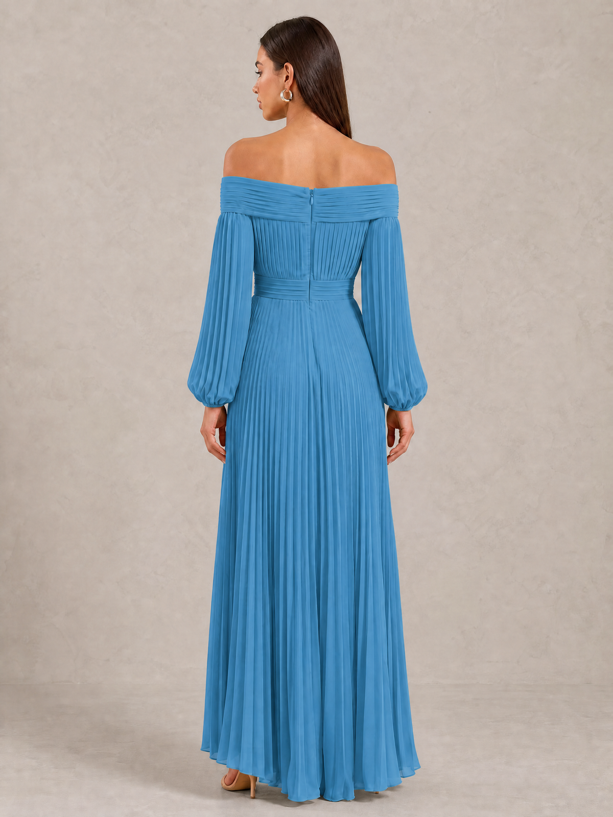 BOLODOO Blue Off-Shoulder Long Sleeve Pleated High-Low Dress - Blue - Blue_4