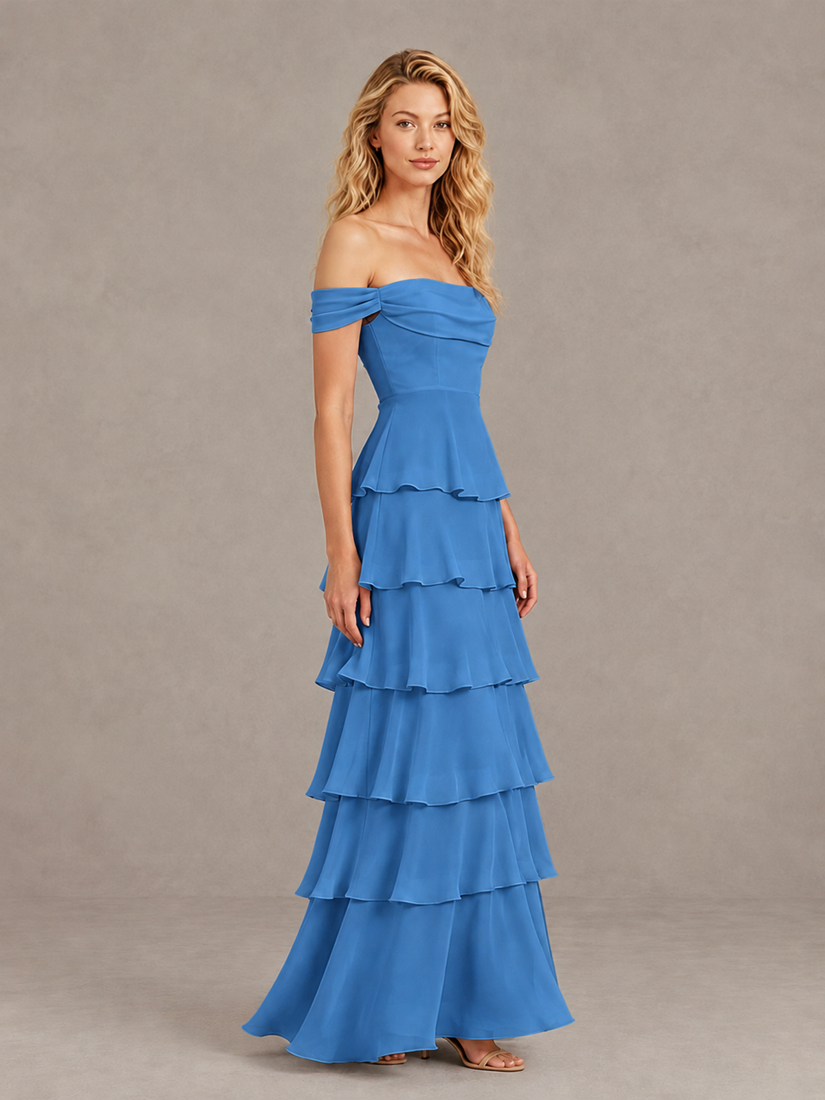 BOLODOO Blue Off-Shoulder Tiered Ruffle Bridesmaid Dress with Lace-Up Back - Blue - Blue_4