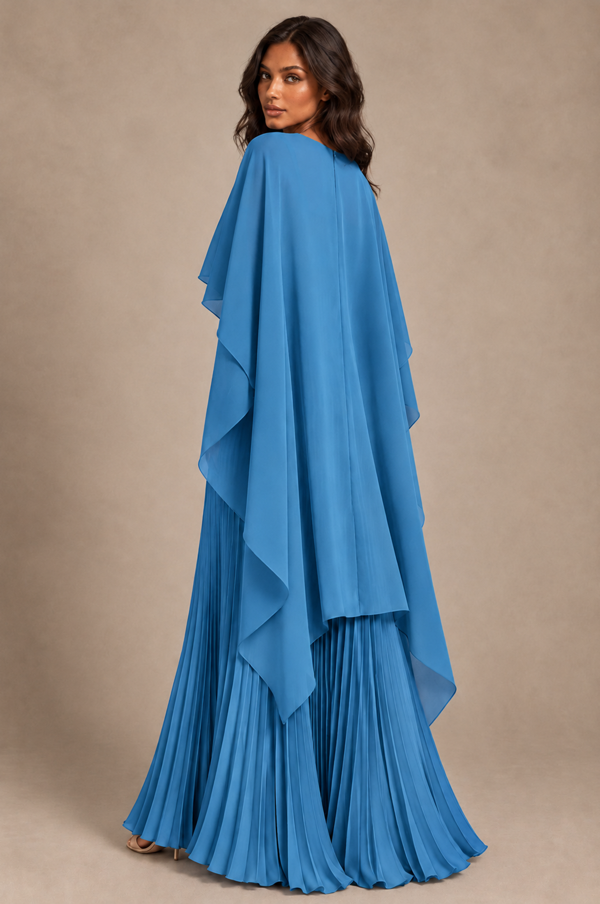 BOLODOO Blue Pleated Cape A-Line Evening Dress - Blue - Blue_4