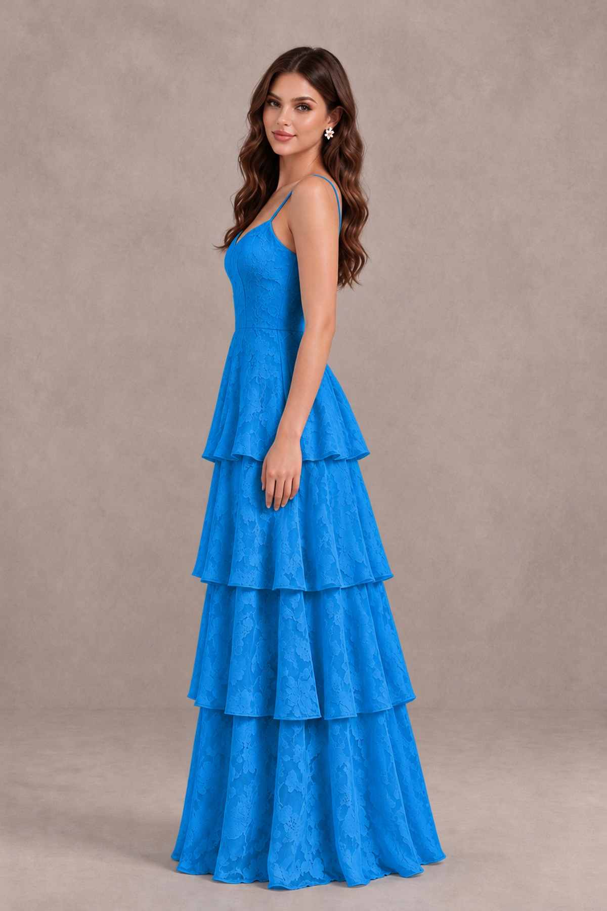 BOLODOO Blue Tiered Floral-Textured Spaghetti Strap Maxi Dress - Blue - Blue_4
