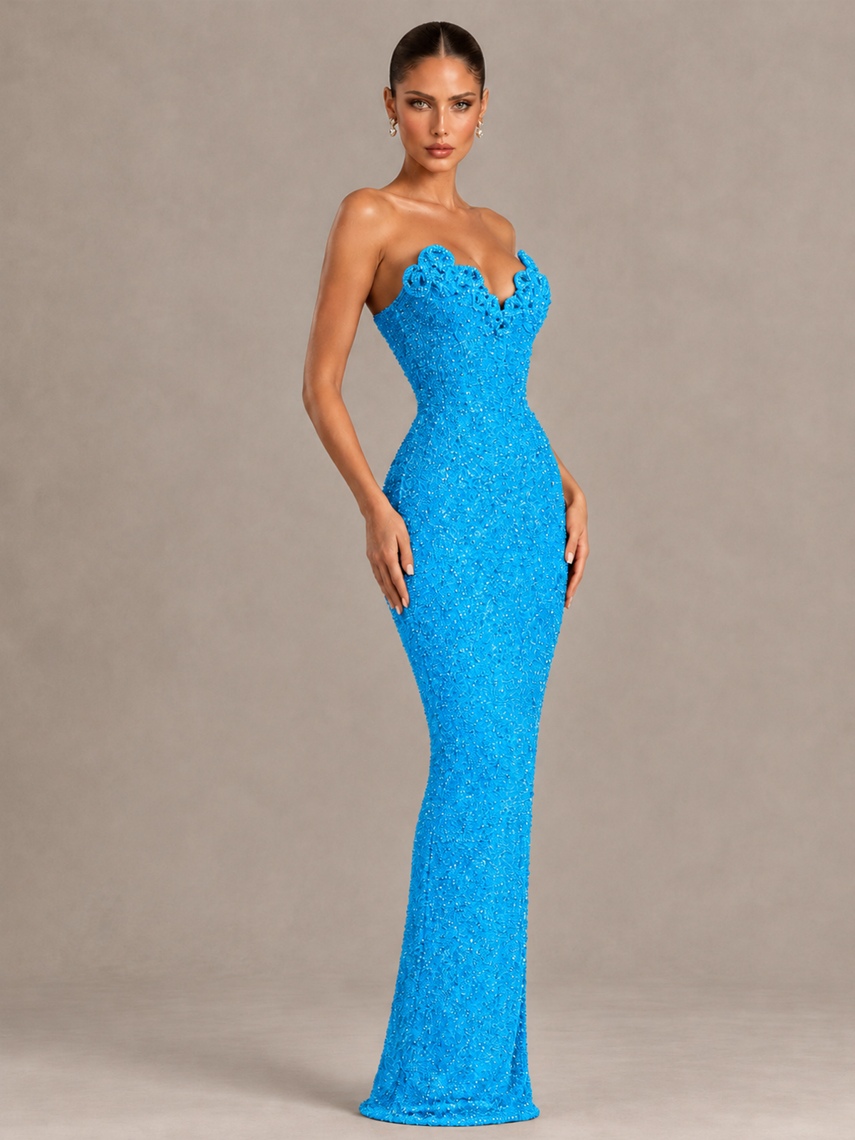 BOLODOO Blue Strapless Sequin Evening Gown with Floral Neckline - Blue - Blue_4
