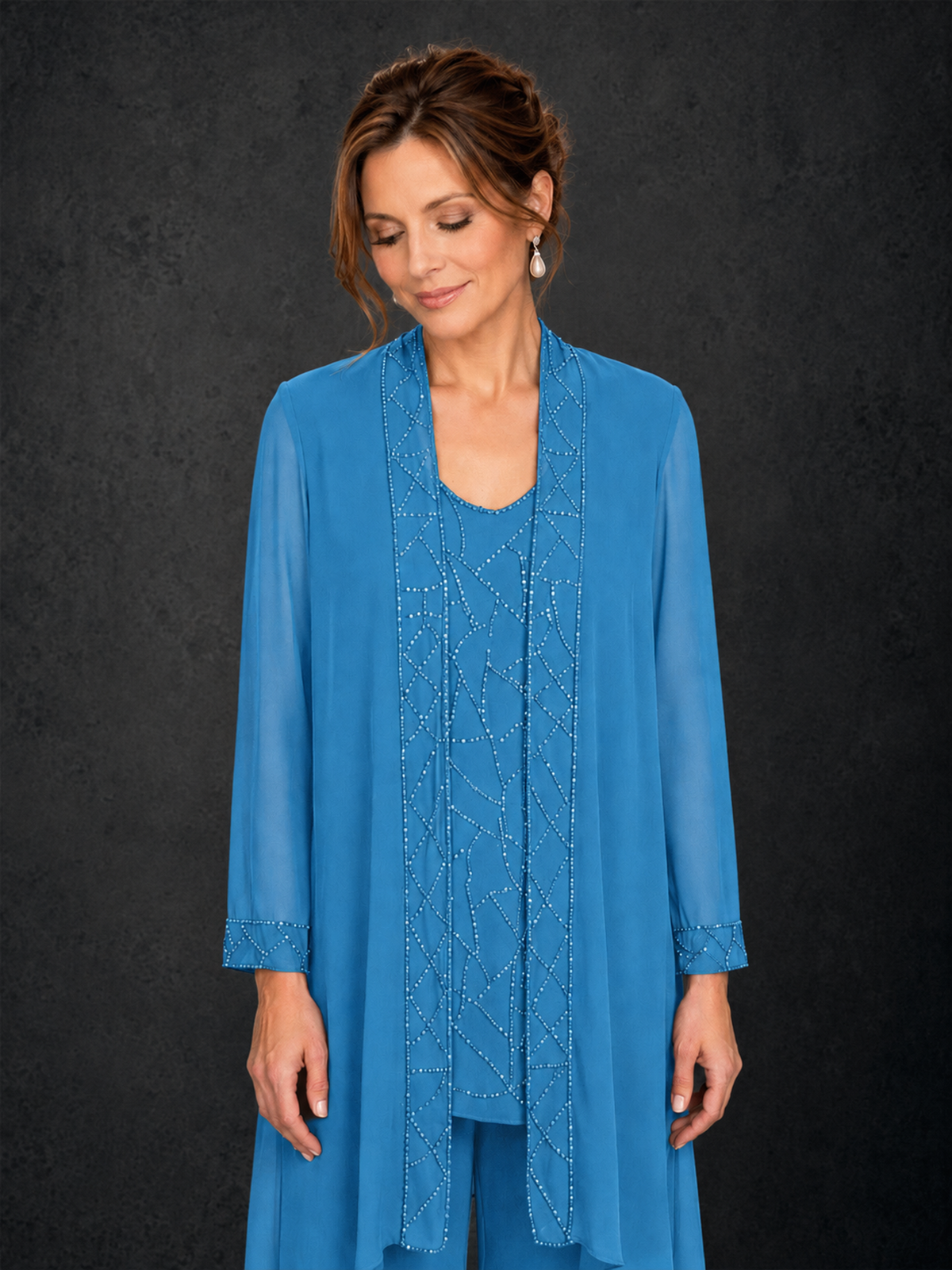 BOLODOO Blue 3-Piece Beaded Chiffon Duster Jacket Pant Suit - Blue - Blue_4