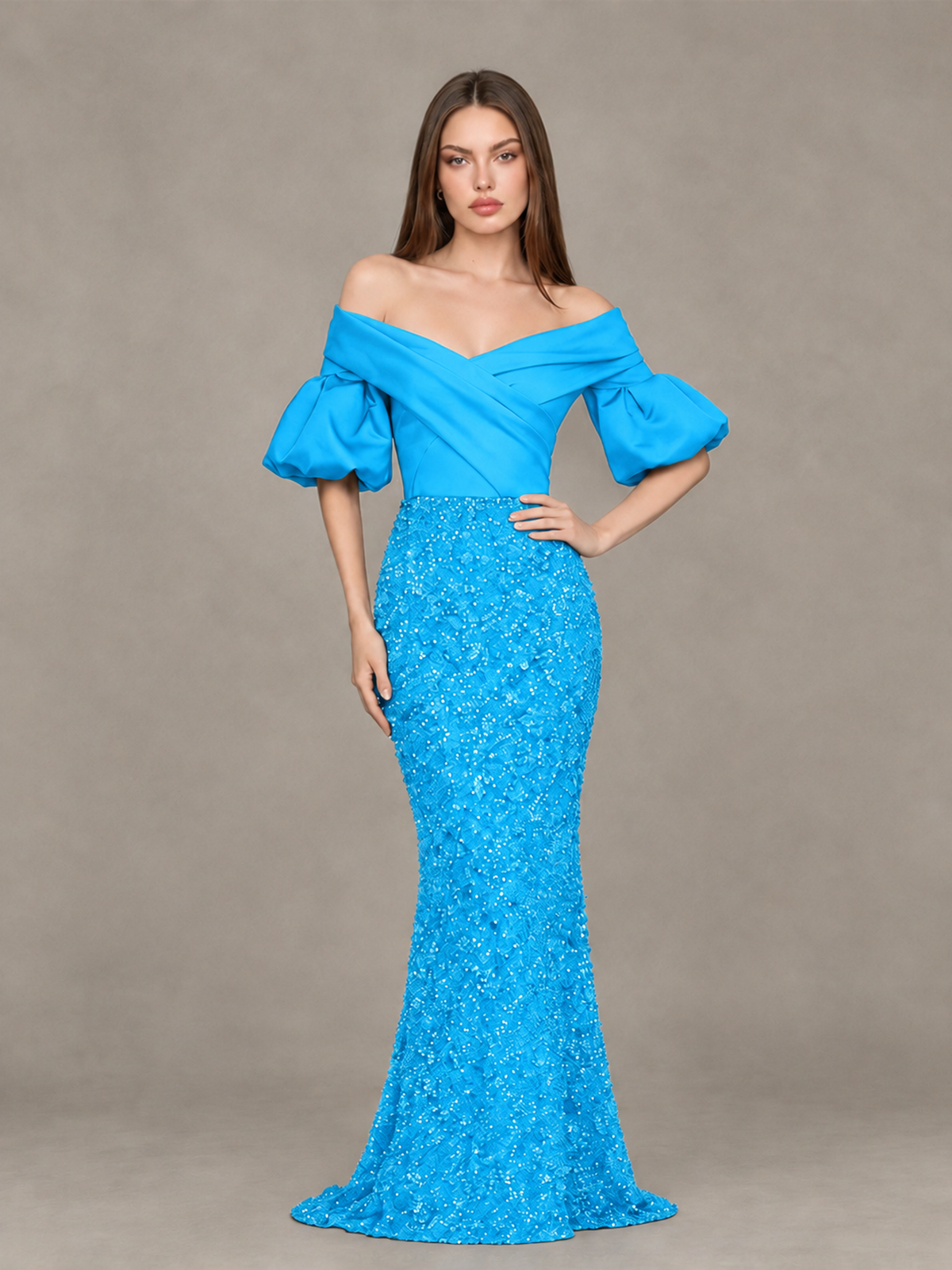 BOLODOO Blue Off-Shoulder Puff Sleeve Sequin Mermaid Evening Dress - Blue - Blue_4