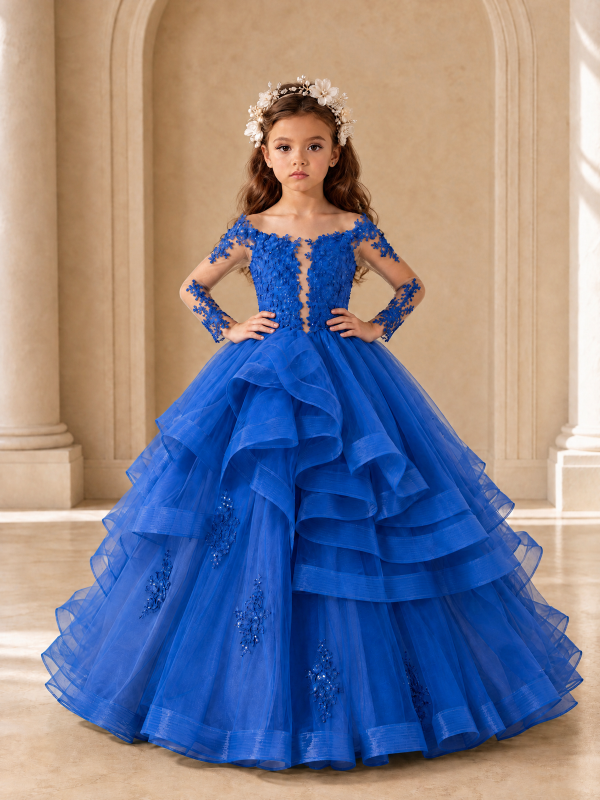 BOLODOO Blue Lace Long Sleeve Tiered Flower Girl Dress - Blue - Blue_4