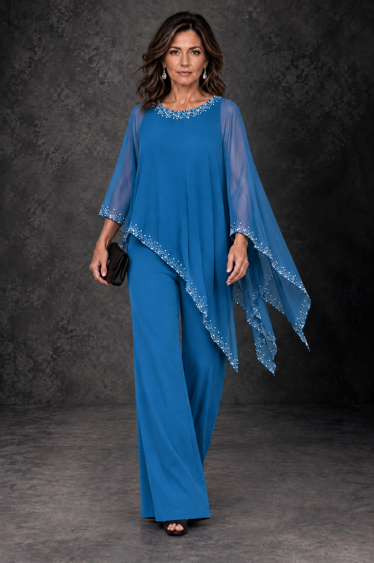 BOLODOO Blue Embellished Cape Mother of the Bride Pantsuit - Blue - Blue_4