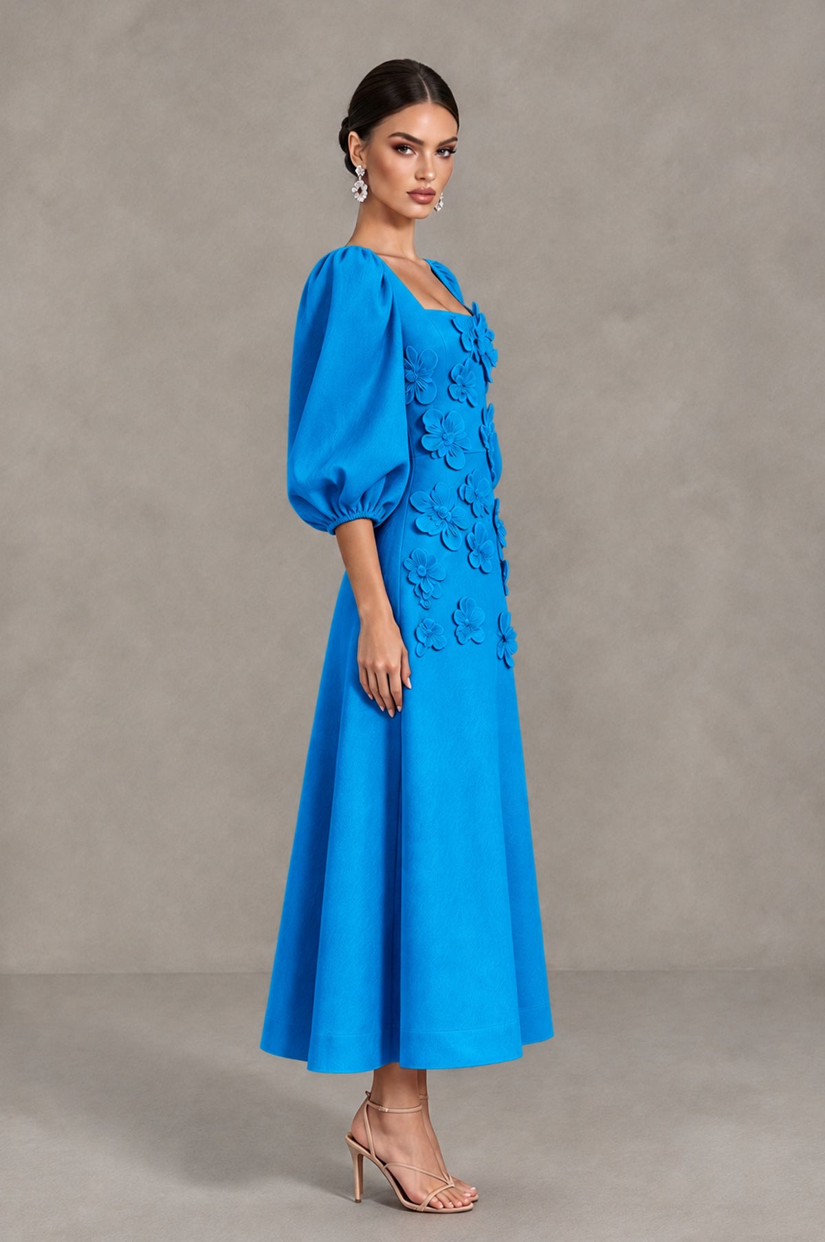 BOLODOO Blue 3D Floral Puff Sleeve Midi Cocktail Dress - Blue - Blue_4