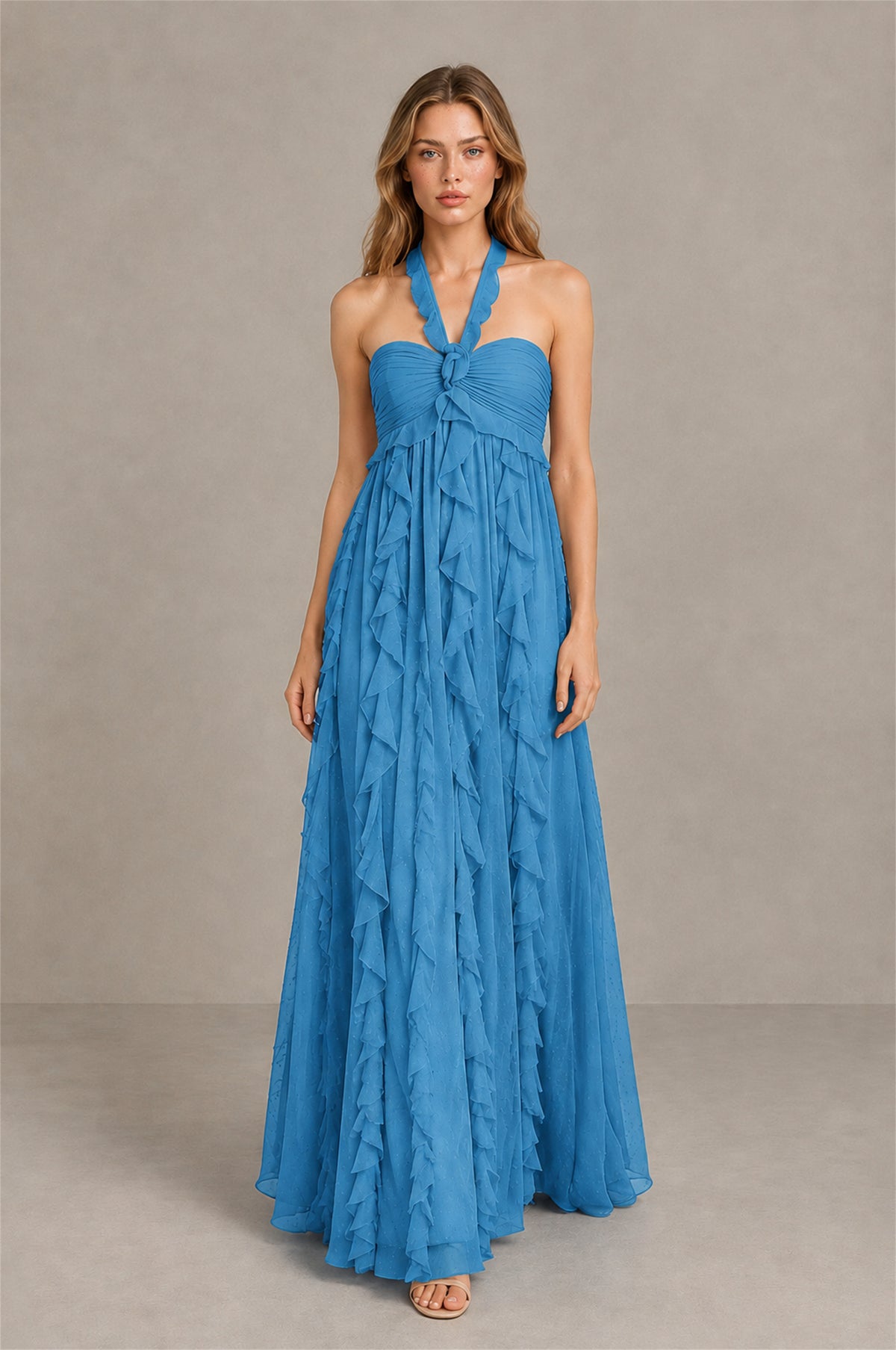 BOLODOO Blue Halter Ruffle A-Line Floor-Length Evening Dress - Blue - Blue_4