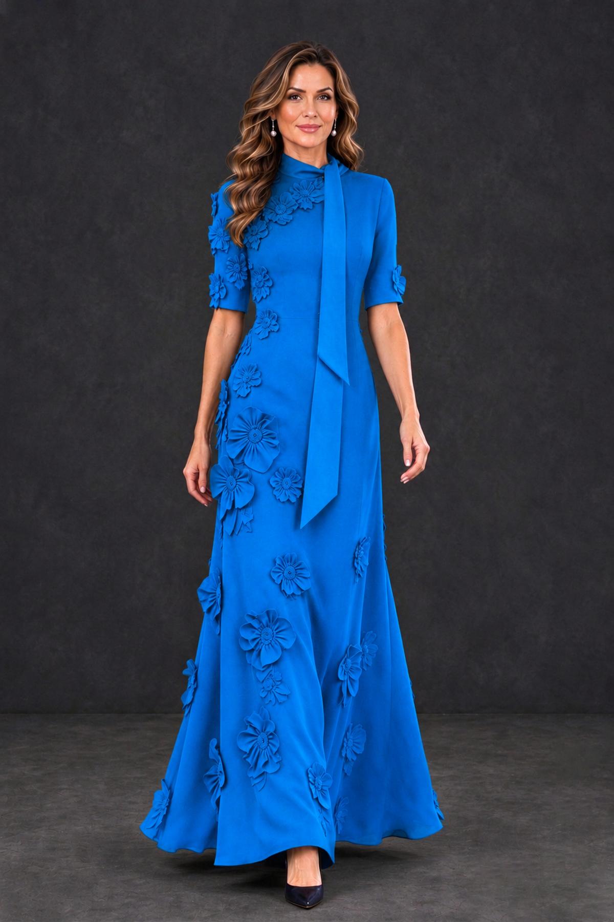 BOLODOO Blue Floral Applique High-Neck Half-Sleeve Gown - Blue - Blue_4