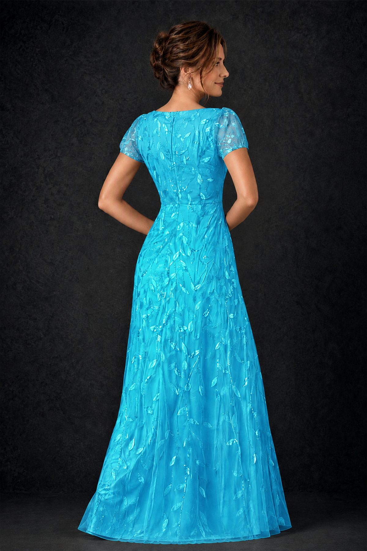BOLODOO Blue Leaf Embroidered A-Line Formal Gown with Cap Sleeves - Blue - Blue_4