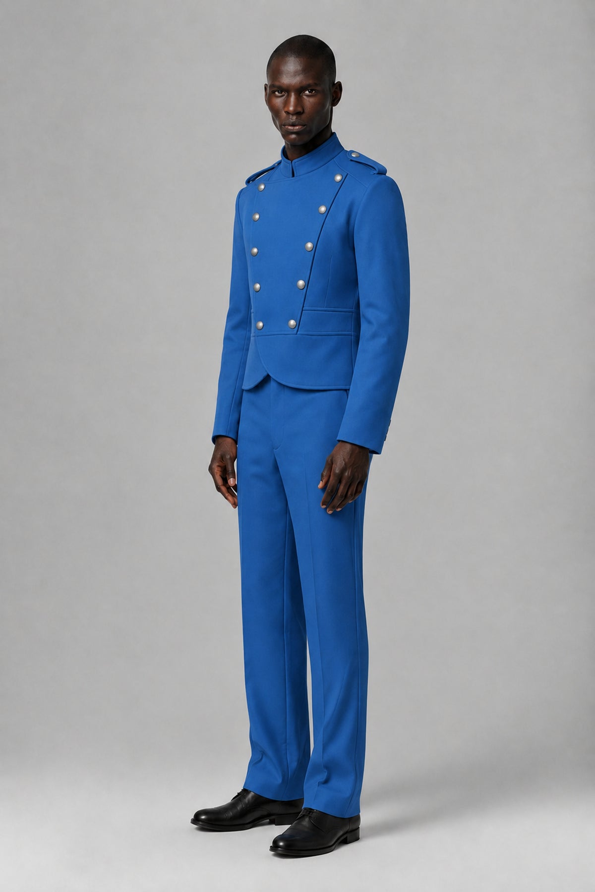Bolodoo Men's Blue Military-Inspired Two-Piece Suit with Stand Collar - Blue - Blue_4