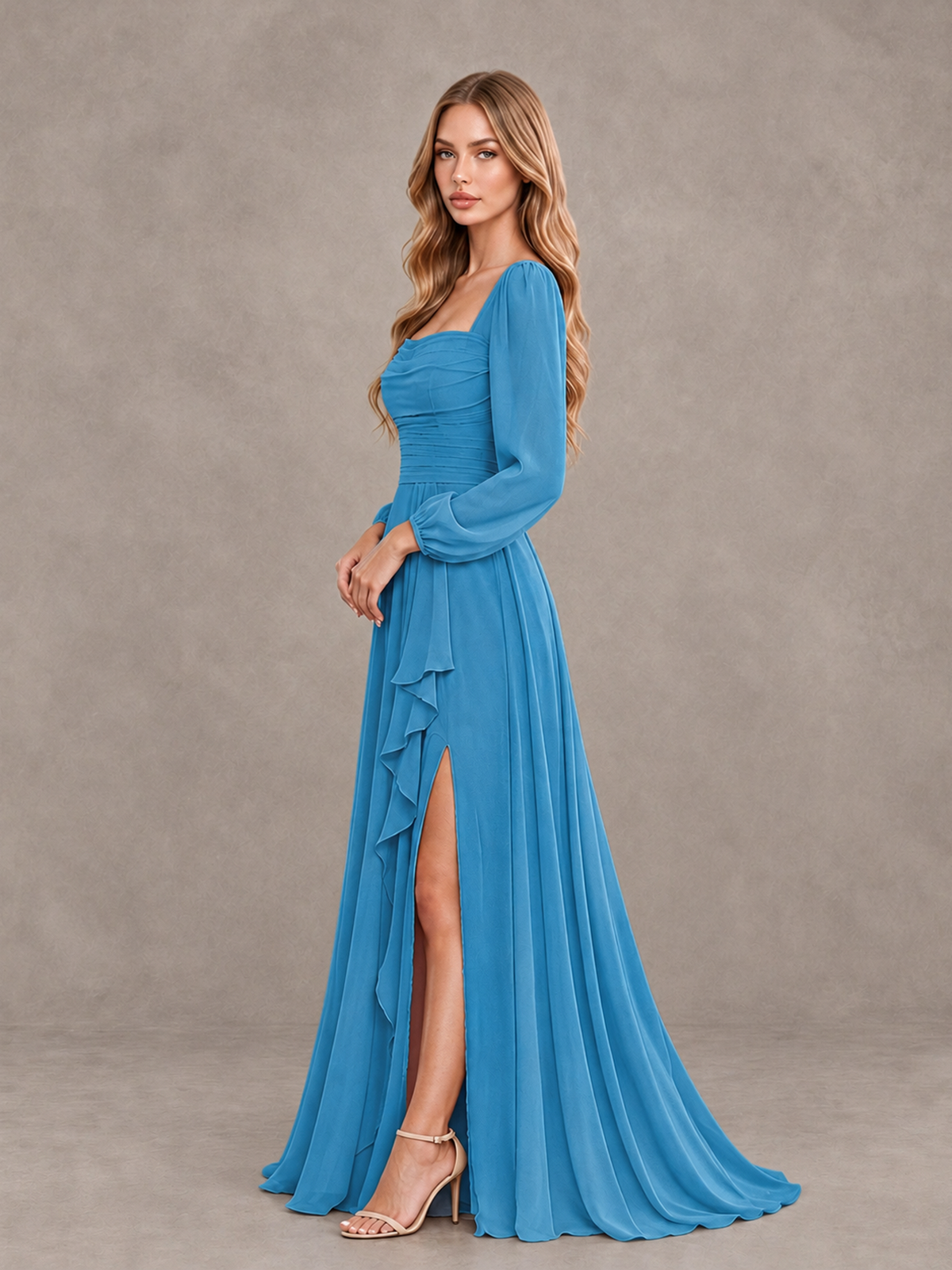 BOLODOO Blue Square Neck Long Sleeve Bridesmaid Dress with Ruffle Slit - Blue - Blue_4