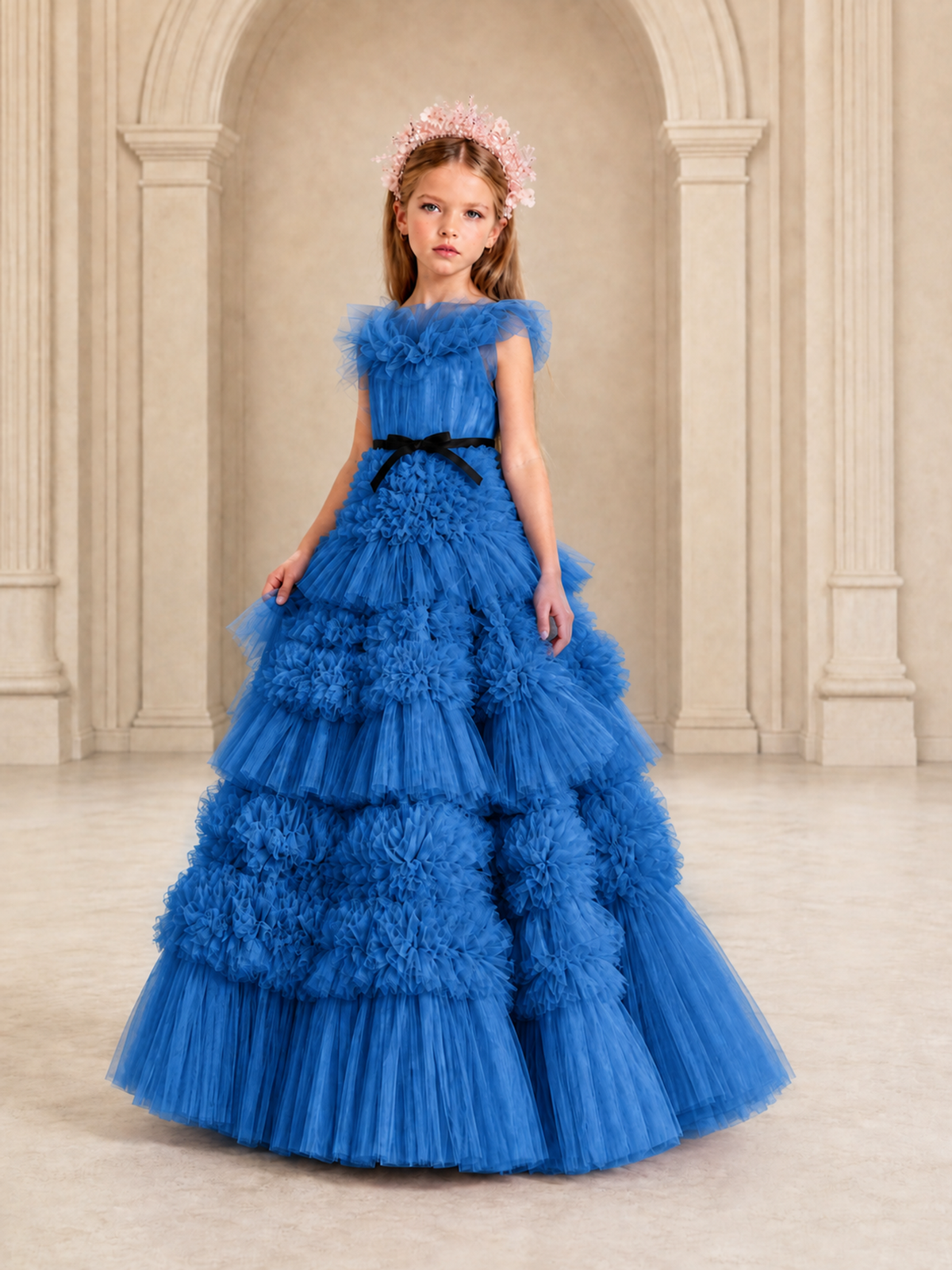 BOLODOO Blue Tiered Tulle Flower Girl Dress with Floral Appliques - Blue - Blue_4