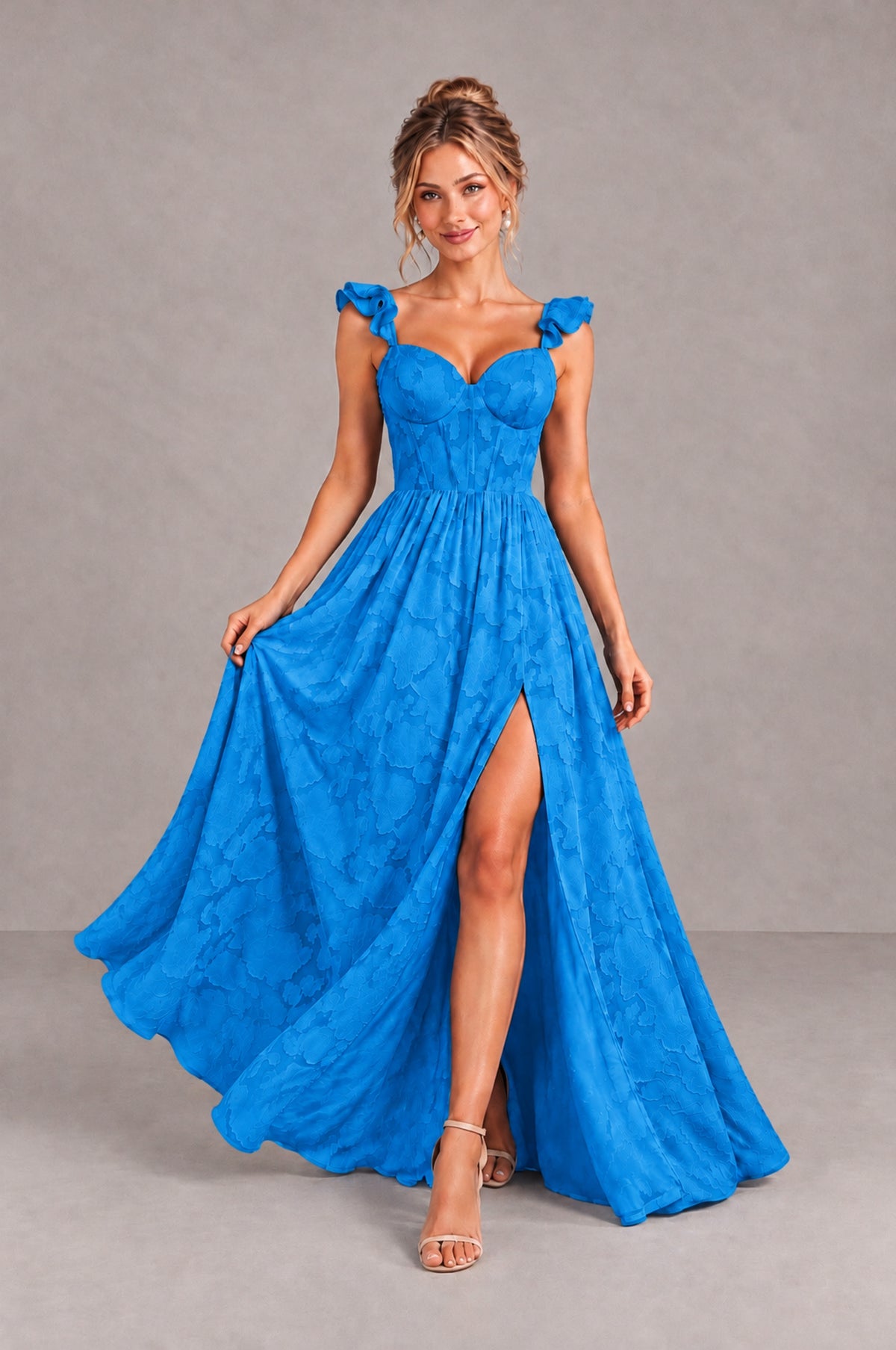 BOLODOO Blue Floral A-Line Bridesmaid Dress with Slit Ruffle Straps Maxi Gown - Blue - Blue_4