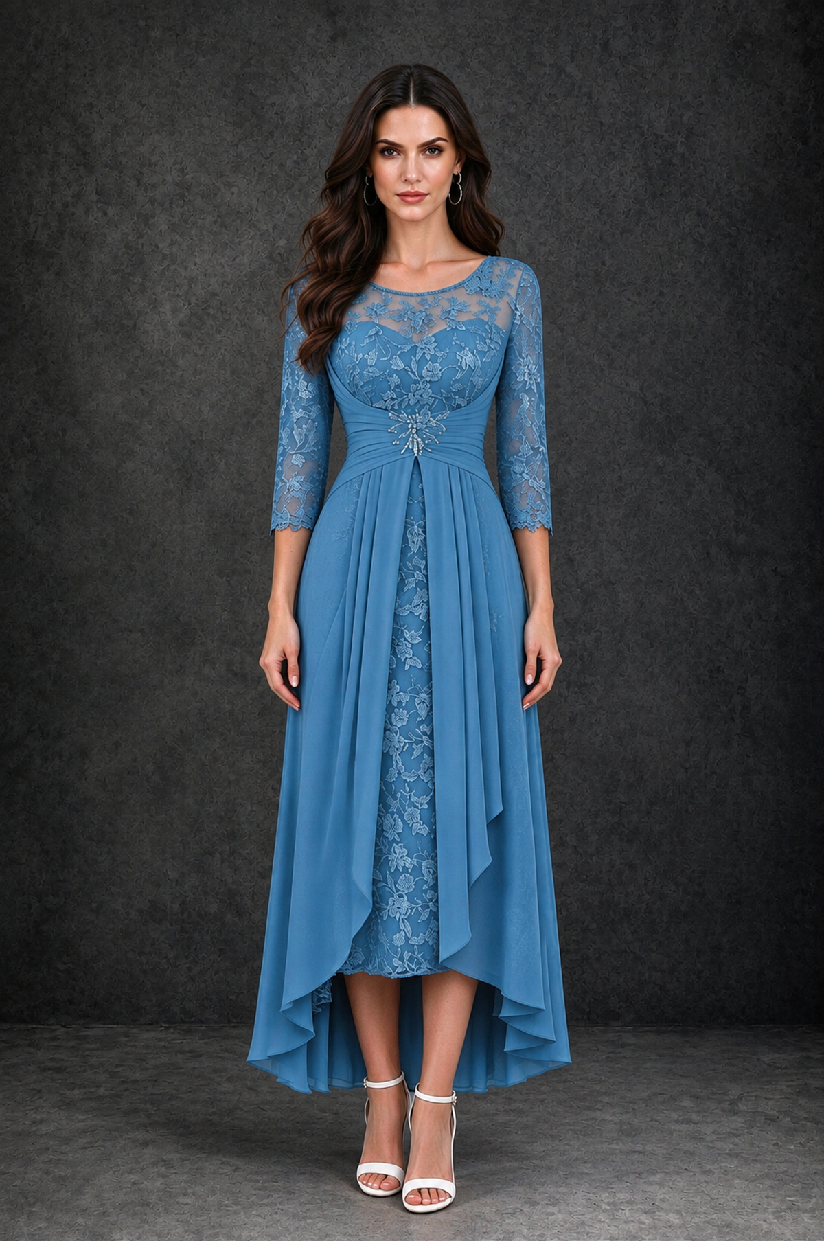 BOLODOO Blue Sequin Lace & Chiffon Tea-Length Mother of the Bride Dress with 3/4 Sleeves - Blue - Blue_4