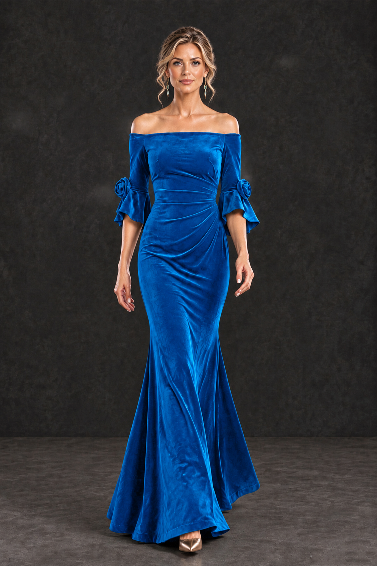 BOLODOO Blue Velvet Off-Shoulder Mother of the Bride Dress – 3/4 Floral Cuff Sleeve Mermaid Evening Gown - Blue - Blue_4