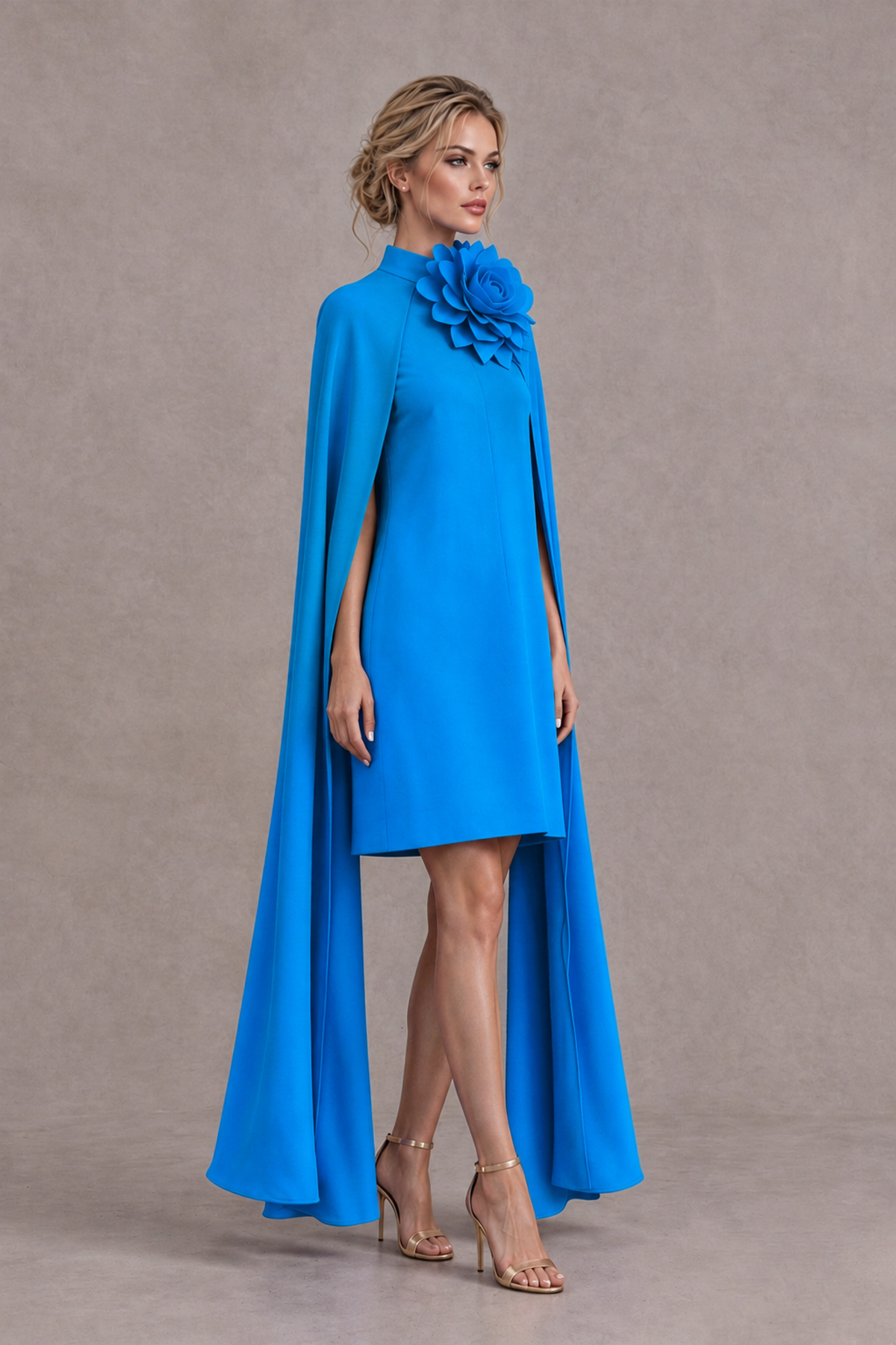 BOLODOO Blue High Neck Floral Cape Mini Cocktail Dress - Blue - Blue_4