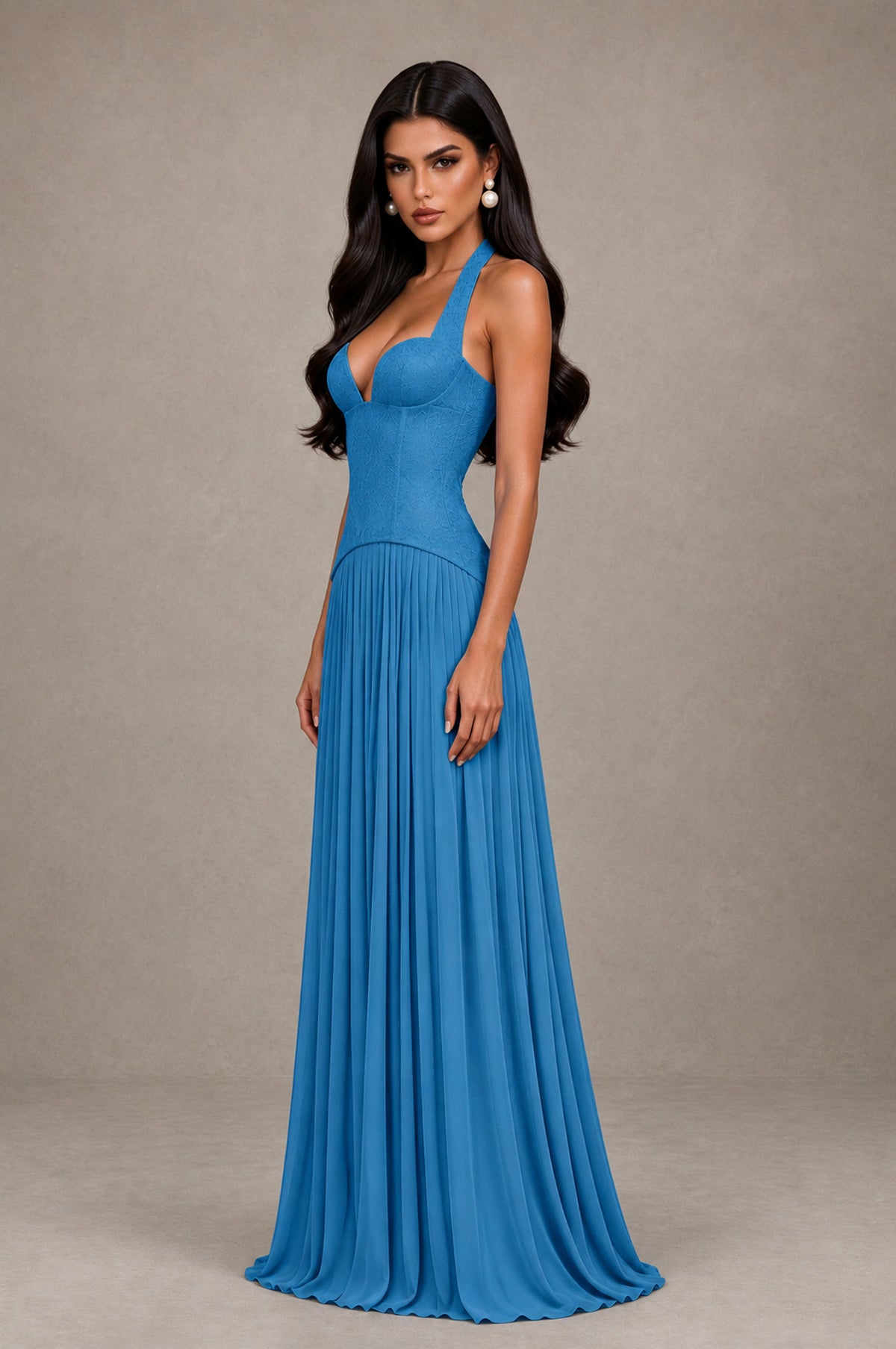 BOLODOO Blue Halter Corset Pleated A-Line Evening Dress - Blue - Blue_4