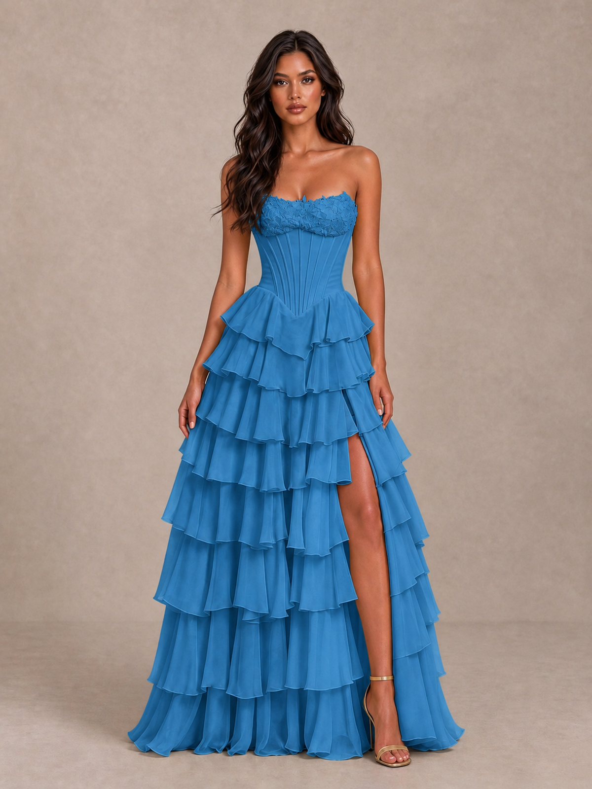 BOLODOO Blue Strapless Corset Tiered Ruffle Prom Dress with High Slit - Blue - Blue_4