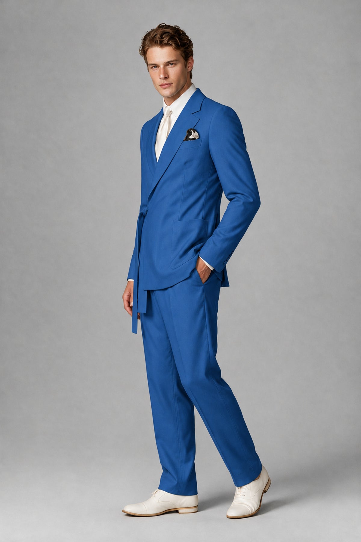 Bolodoo Men's Blue Wrap Tie-Waist Two-Piece Suit – Jacket & Trousers - Blue - Blue_4