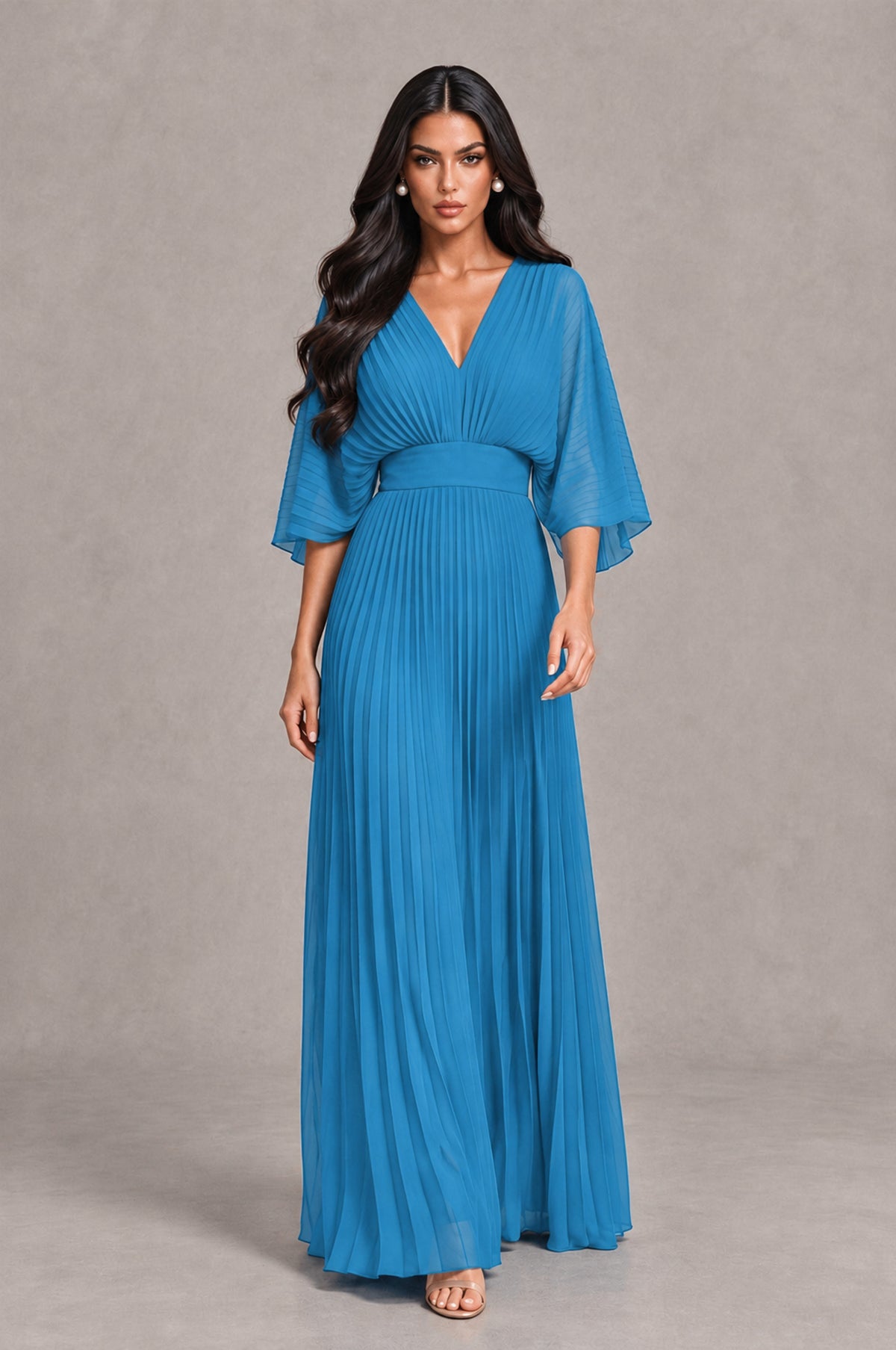 BOLODOO Blue V-Neck Pleated Flutter Sleeve Formal Dress - Blue - Blue_4