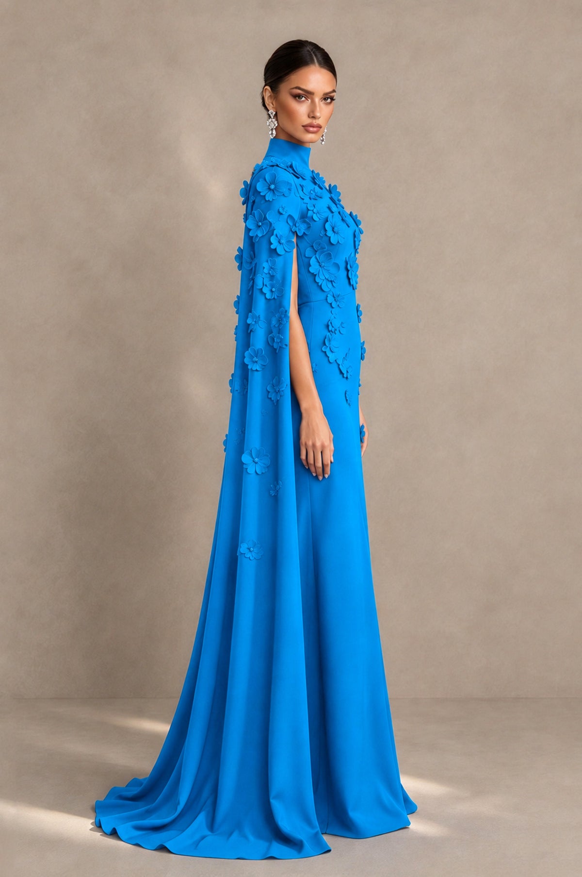 BOLODOO Blue 3D Floral Applique Cape Formal Dress - Blue - Blue_4
