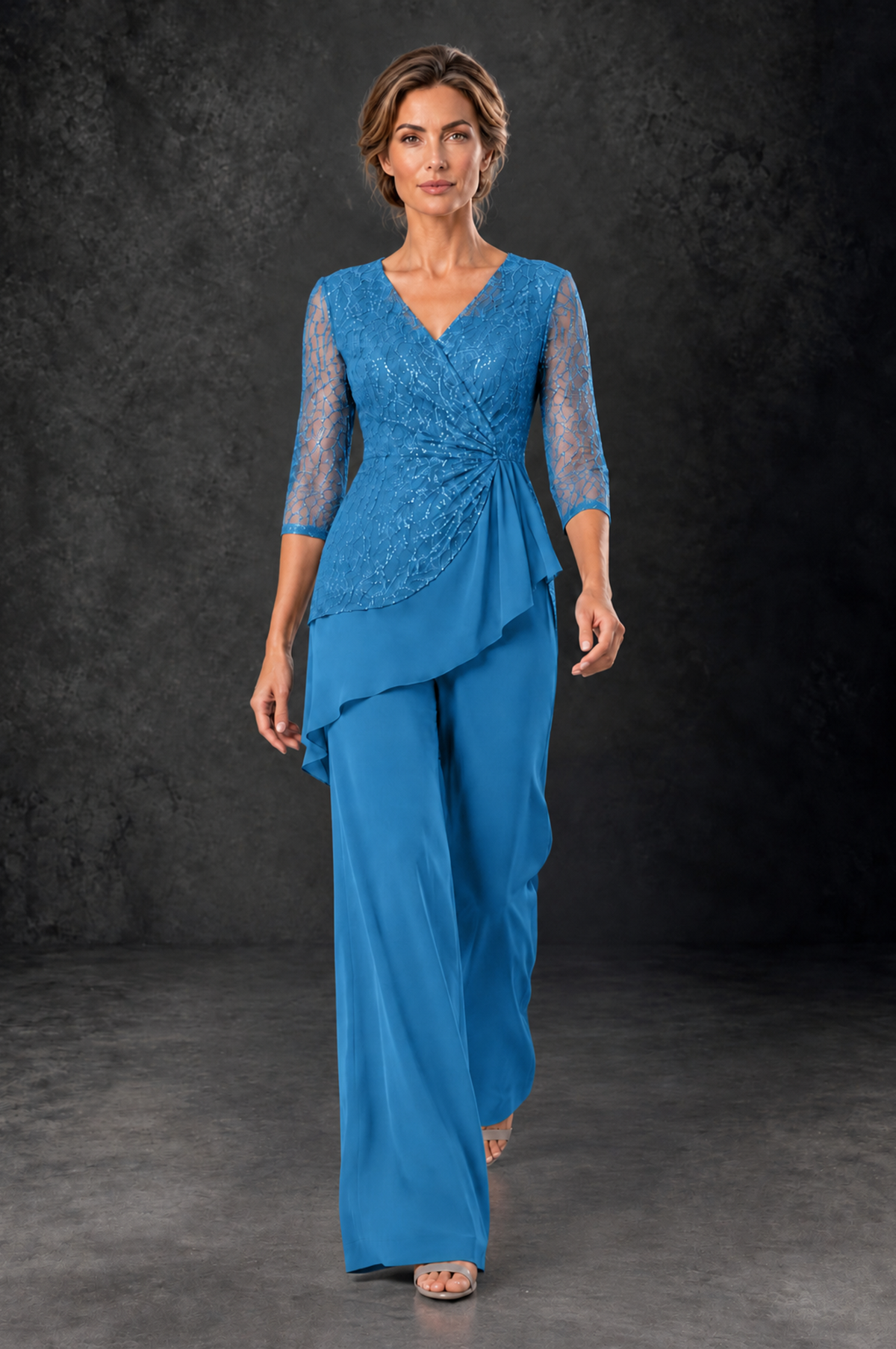 BOLODOO Blue Sequin Lace 3/4 Sleeve Chiffon Mother of the Bride Pant Suit - Blue - Blue_4