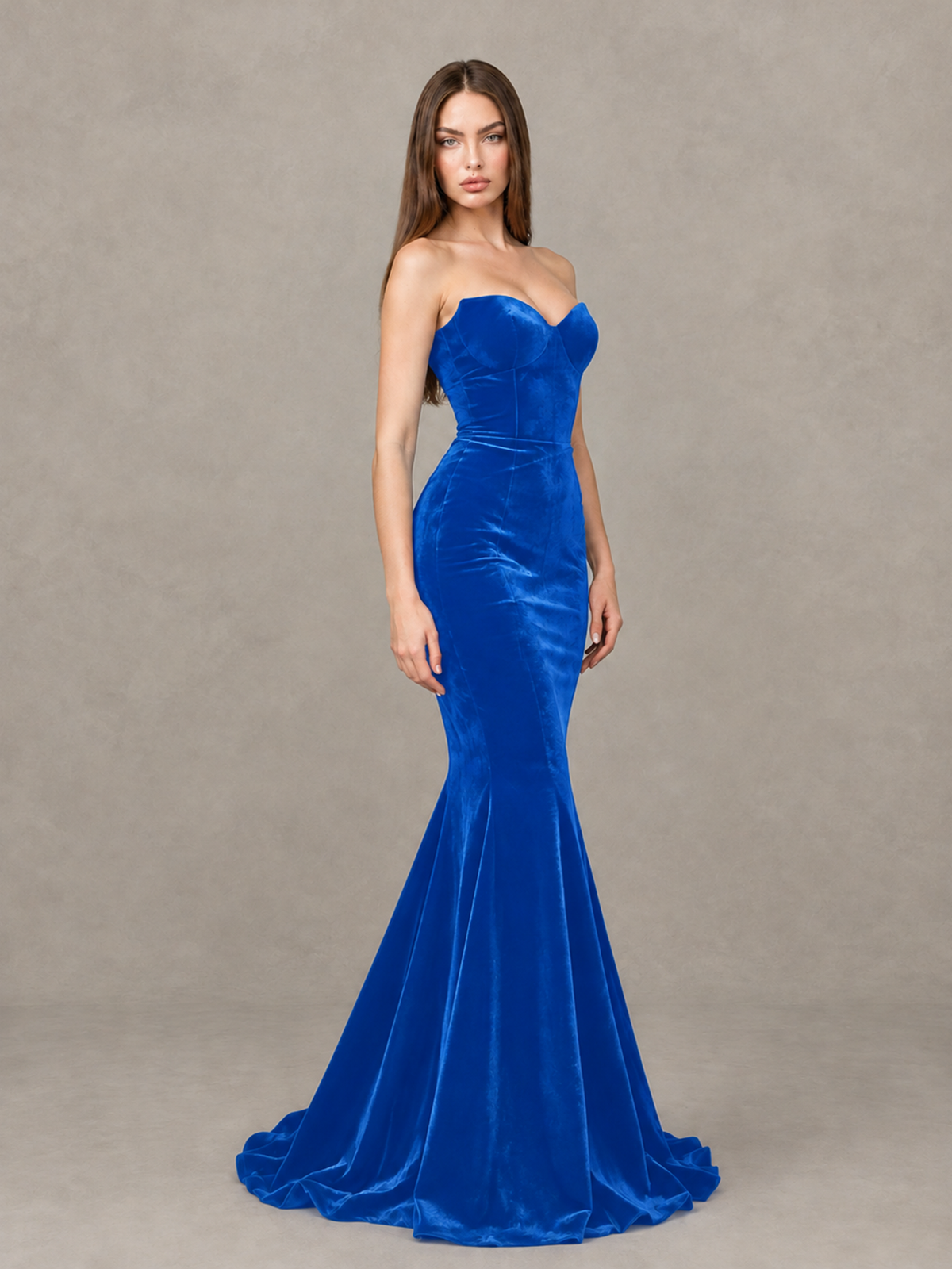 BOLODOO Blue Strapless Sweetheart Velvet-Look Mermaid Evening Dress - Blue - Blue_4