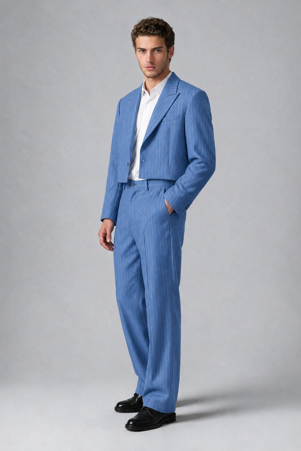 Bolodoo Men's Blue Pinstripe Two-Piece Suit with Cropped Blazer & Wide-Leg Trousers - Blue - Blue_4