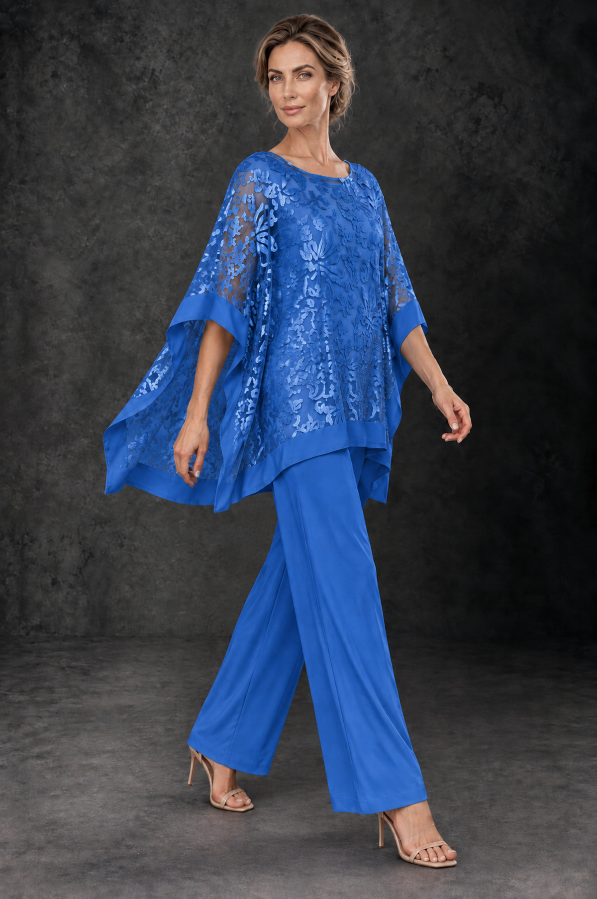 BOLODOO Blue Floral Cape Mother of the Bride Pant Suit - Blue - Blue_4