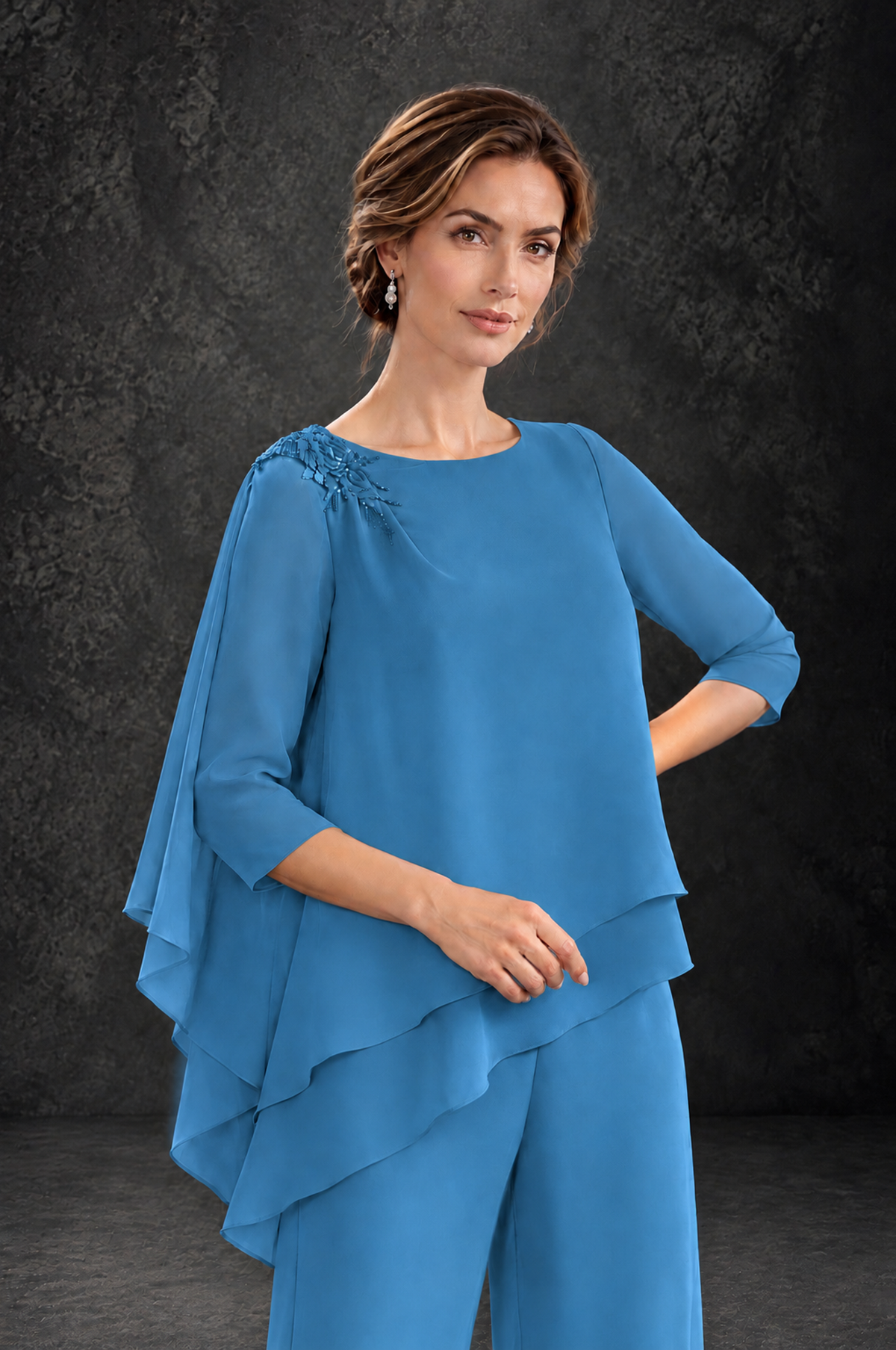 BOLODOO Blue Layered Wide-Leg Mother of the Bride Pant Suit - Blue - Blue_4