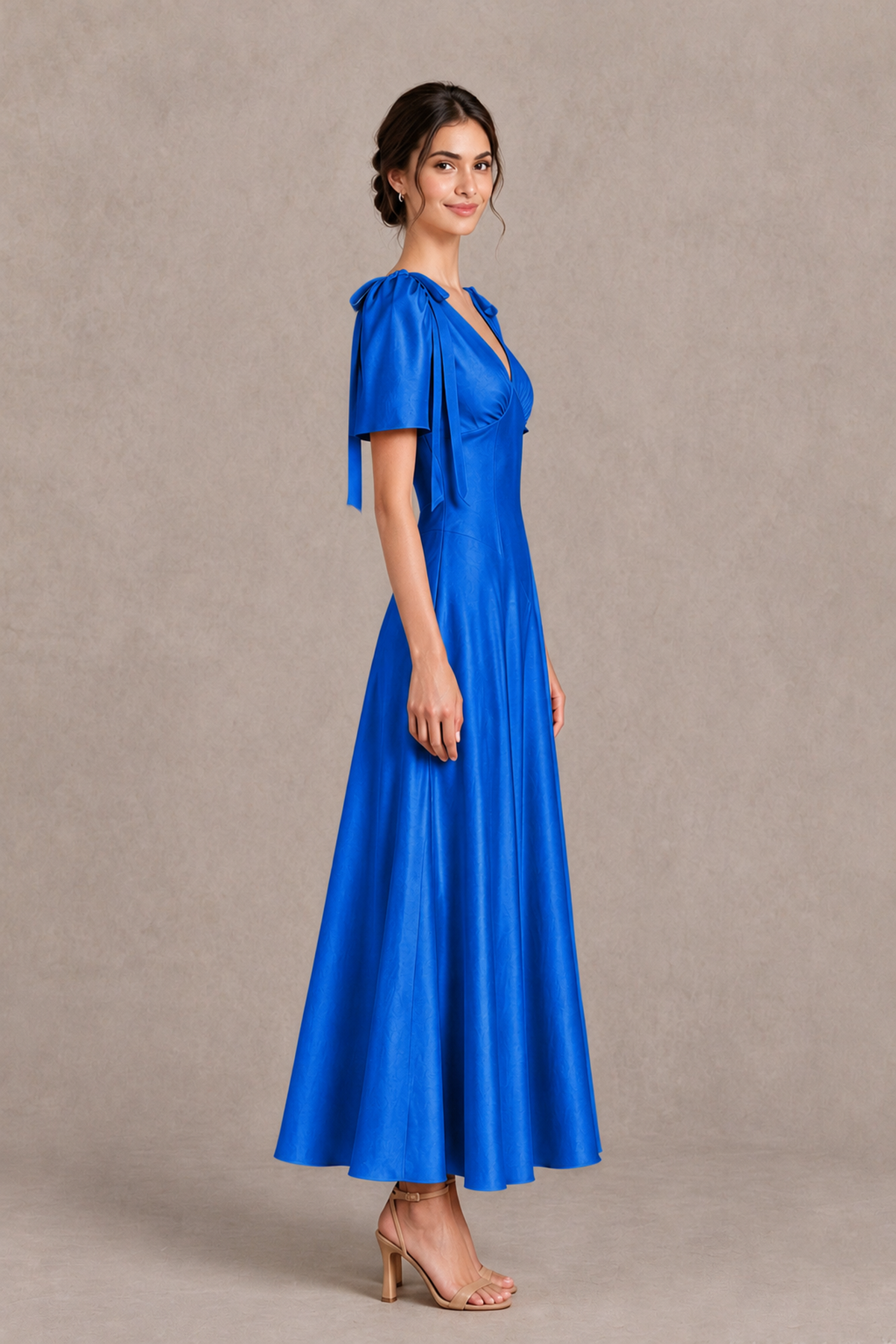 BOLODOO Blue V-Neck Short Sleeve Satin-Look Bridesmaid Dress with Shoulder Bows - Blue - Blue_4